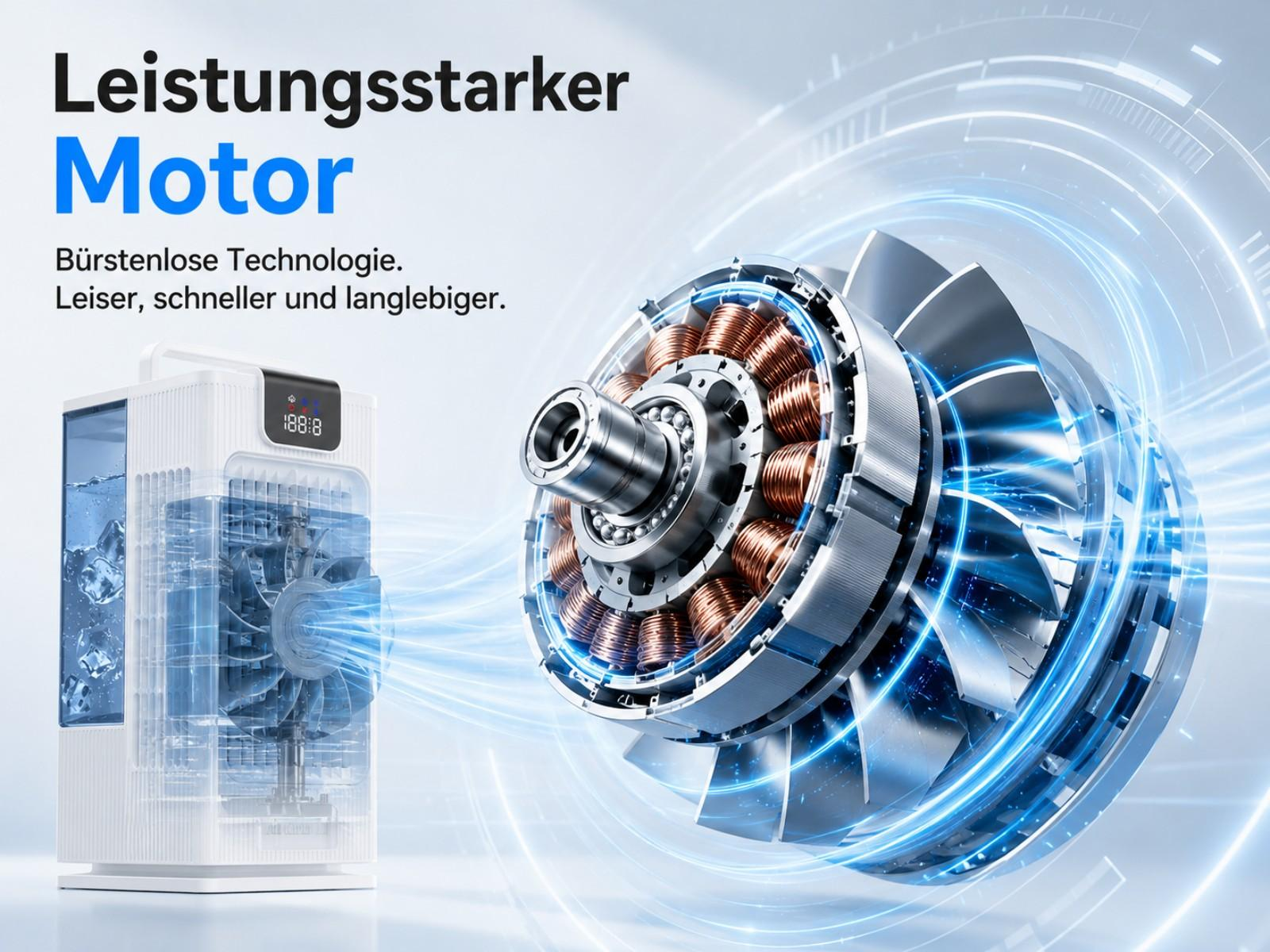 Ein leistungsstarker Motor mit Kupferwicklungen und Lüfterblättern, daneben ein weißer Verdampfer.