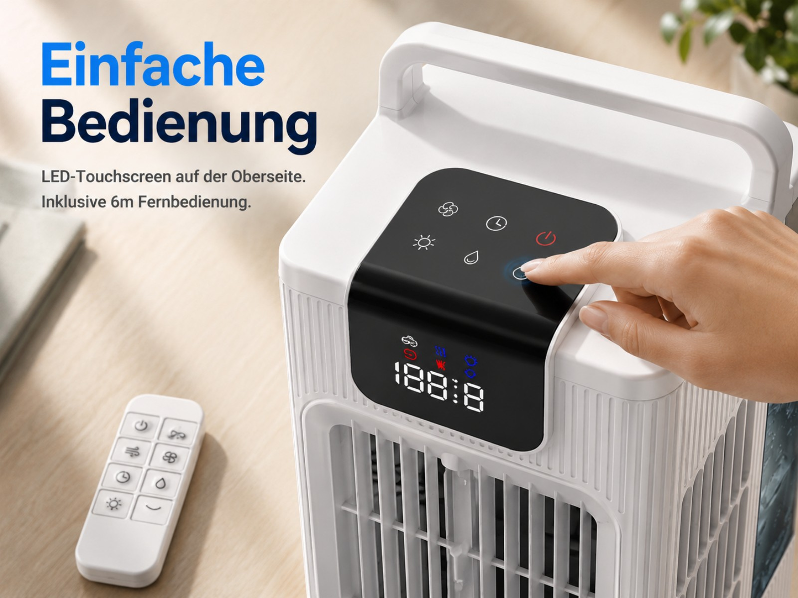 Eine Hand drückt auf den Touchscreen eines weißen Geräts. Eine Fernbedienung liegt daneben.
