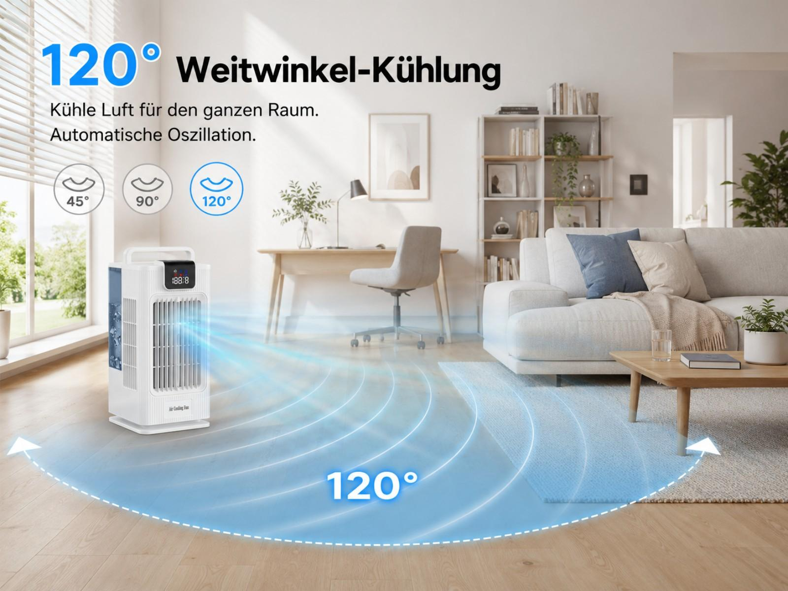 Ein weißer Luftkühler gibt 120° kühle Luft in einem modernen Wohnzimmer ab.