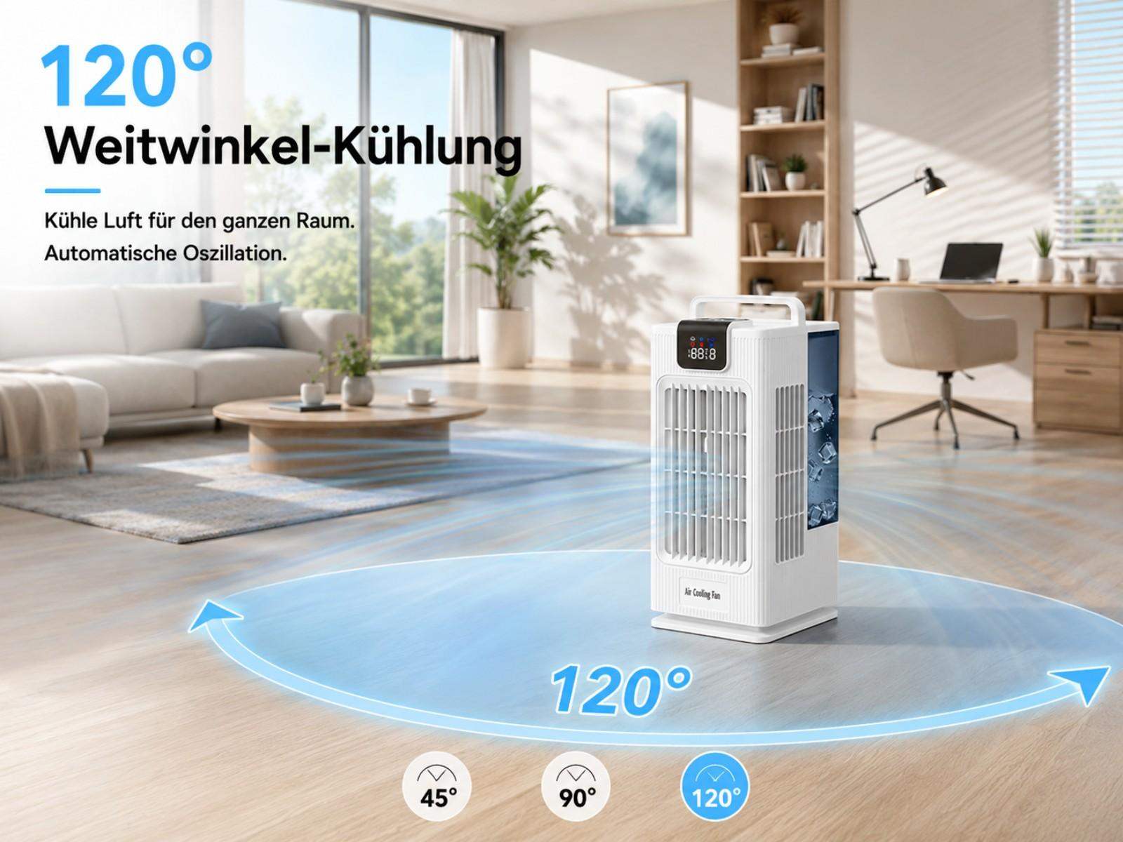 Ein weißer Ventilator kühlt einen Raum mit 120 Grad Oszillation.