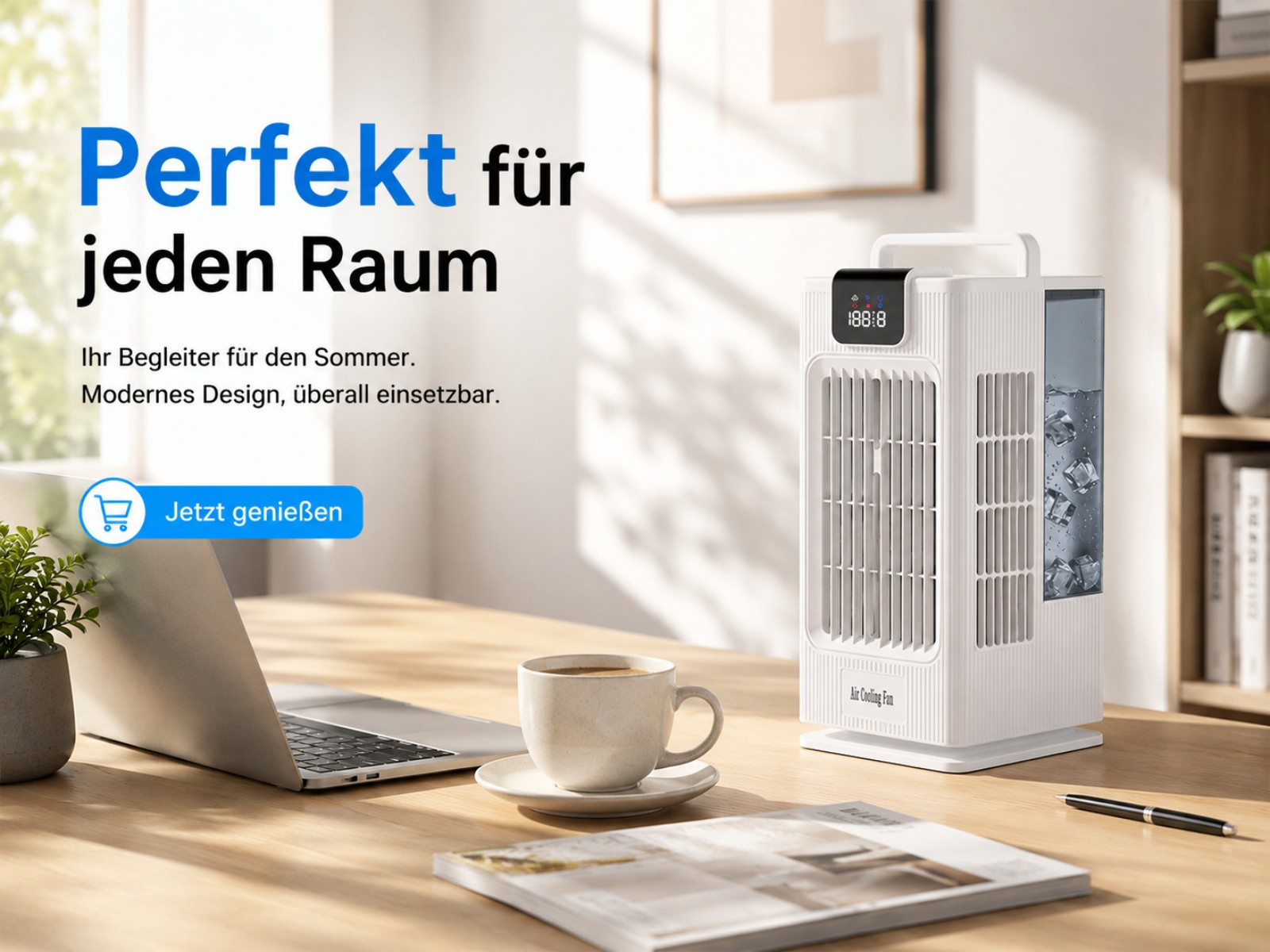 Ein weißer Tischventilator mit Wassertank steht auf einem Holztisch neben einem Laptop.