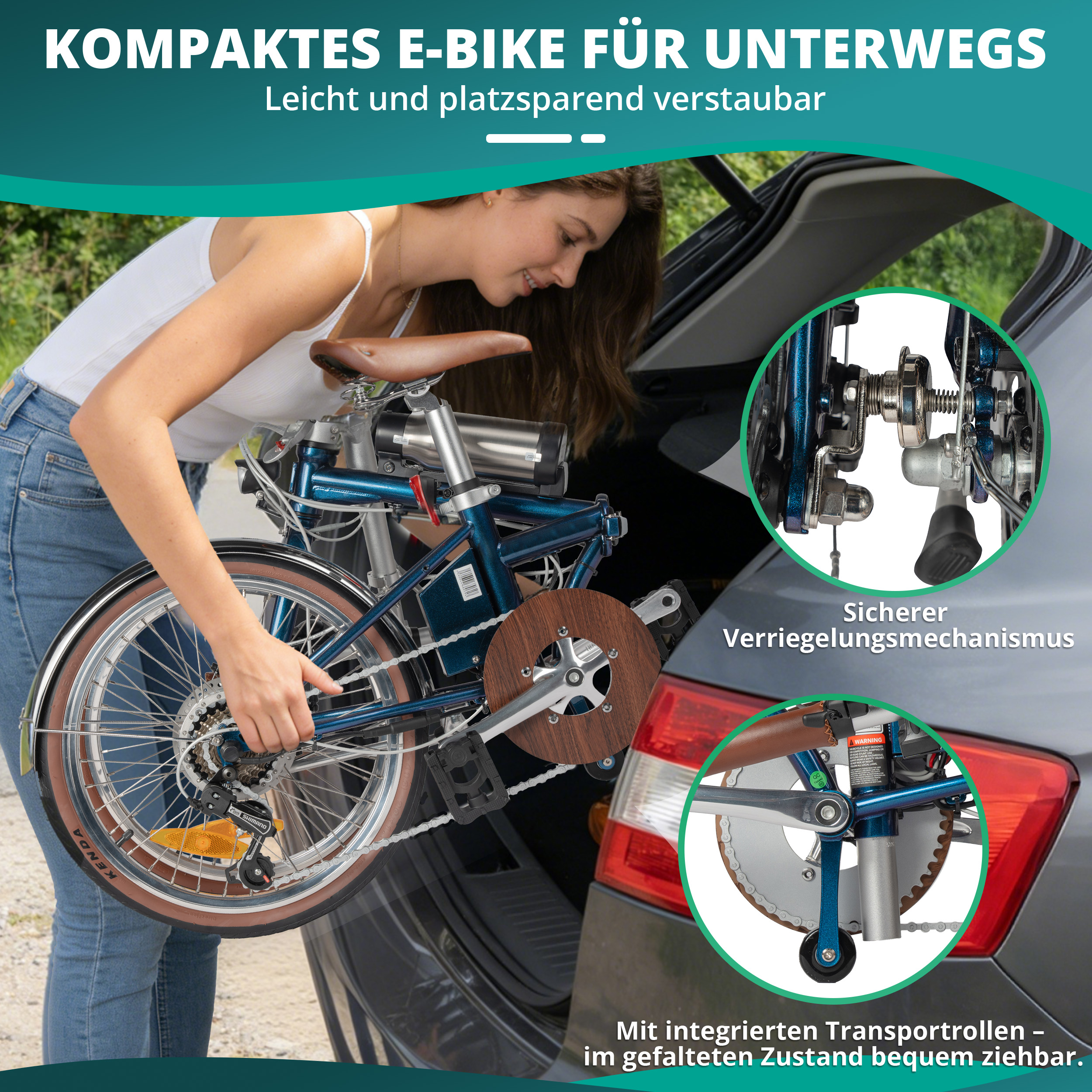 Frau verstaut blaues Faltrad im Kofferraum. Naheinstellung der Mechanik.