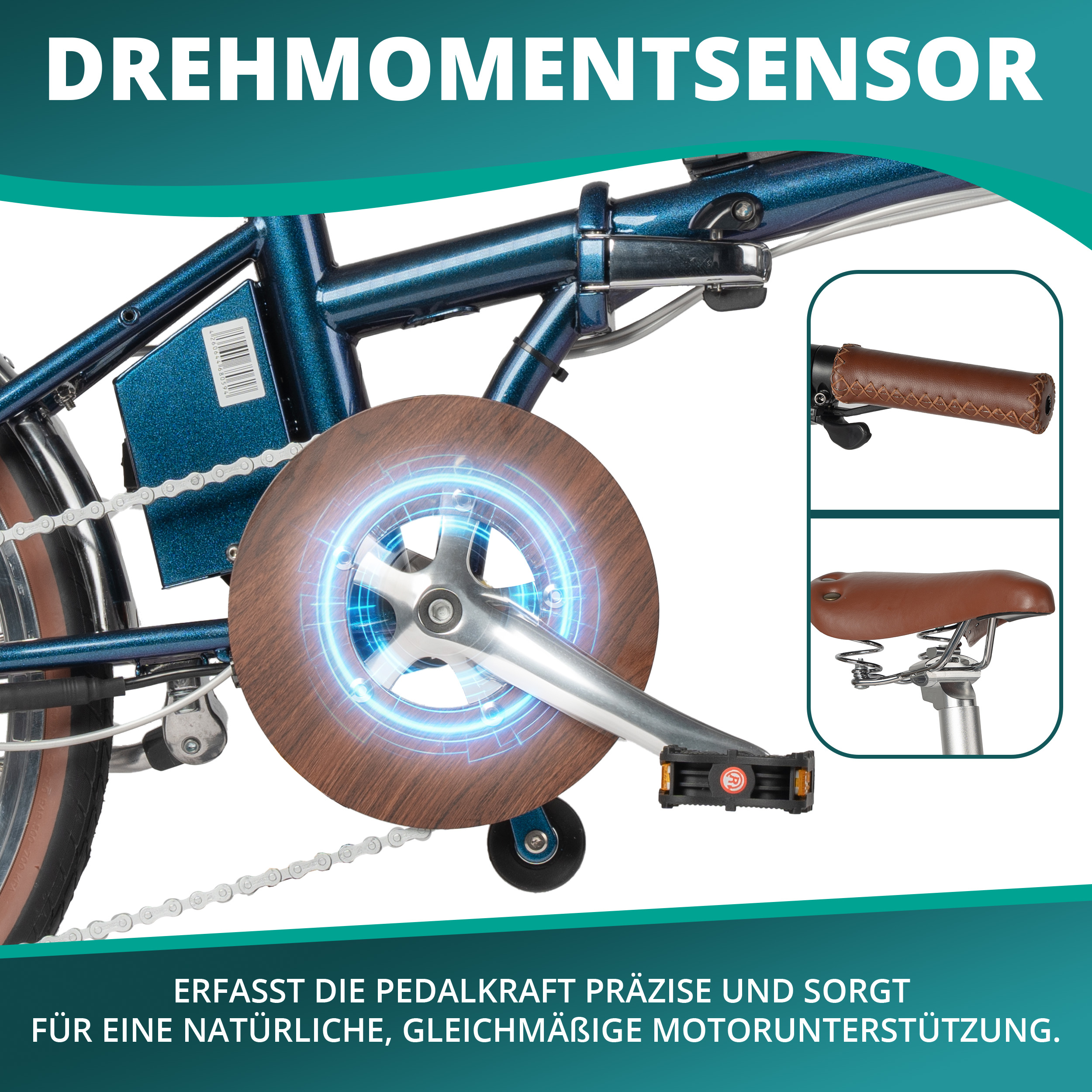 Ein E-Bike mit Drehmomentsensor, braunen Griffen und Sattel.