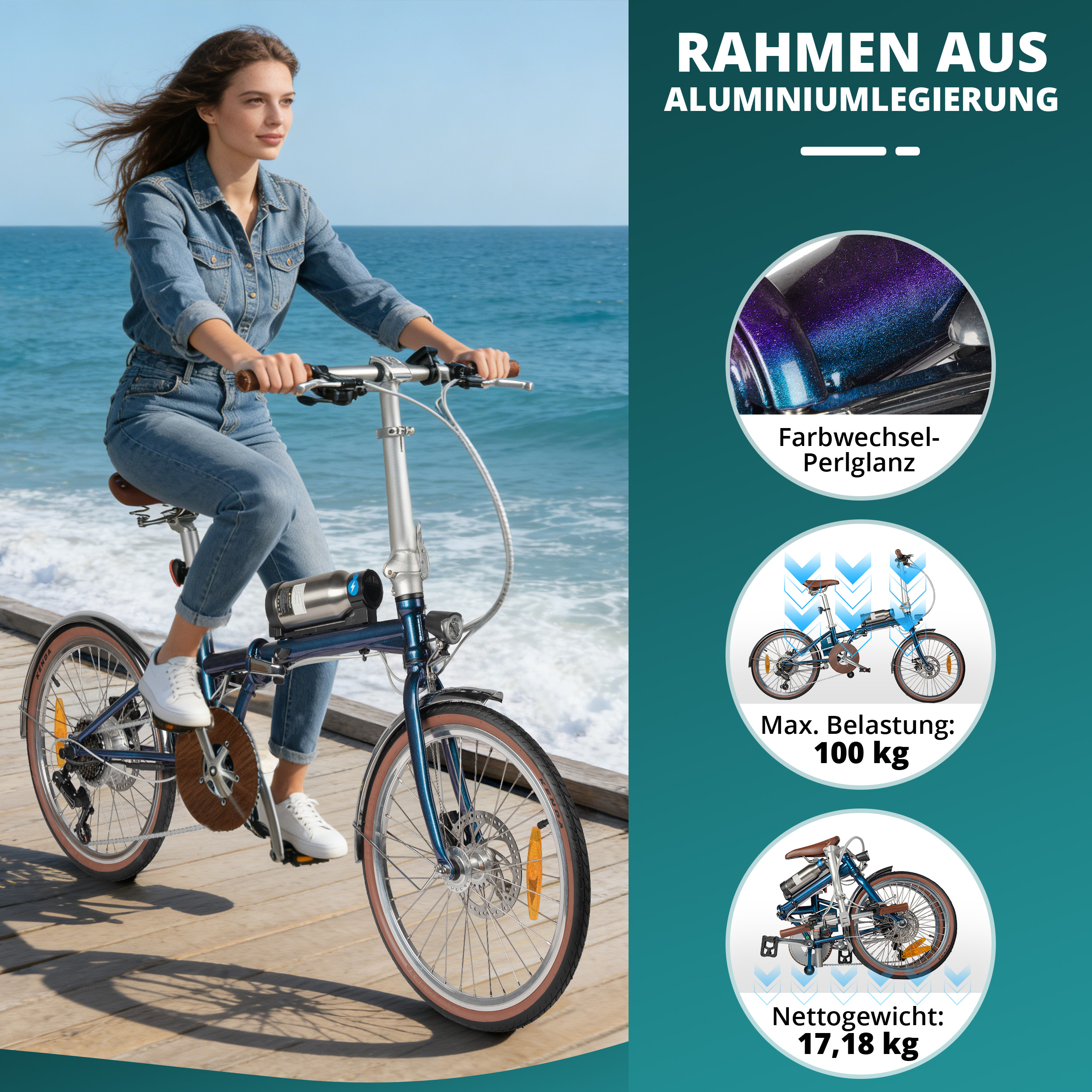 Frau fährt ein blaues Faltrad am Meer. Details zu Farbe, Gewicht und Belastung.