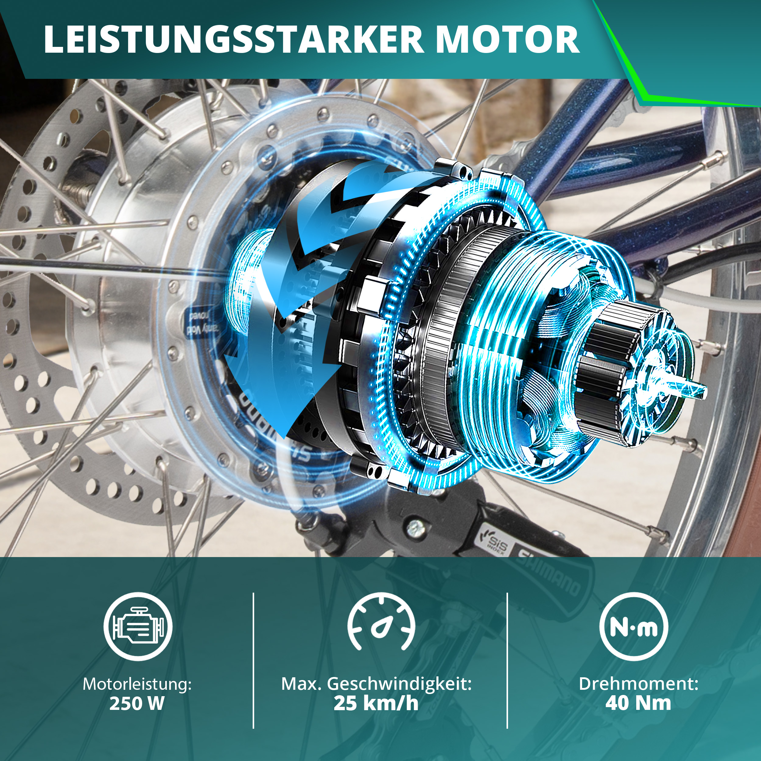 Detailansicht eines Fahrradmotors mit blauen Lichteffekten und Leistungsdaten.