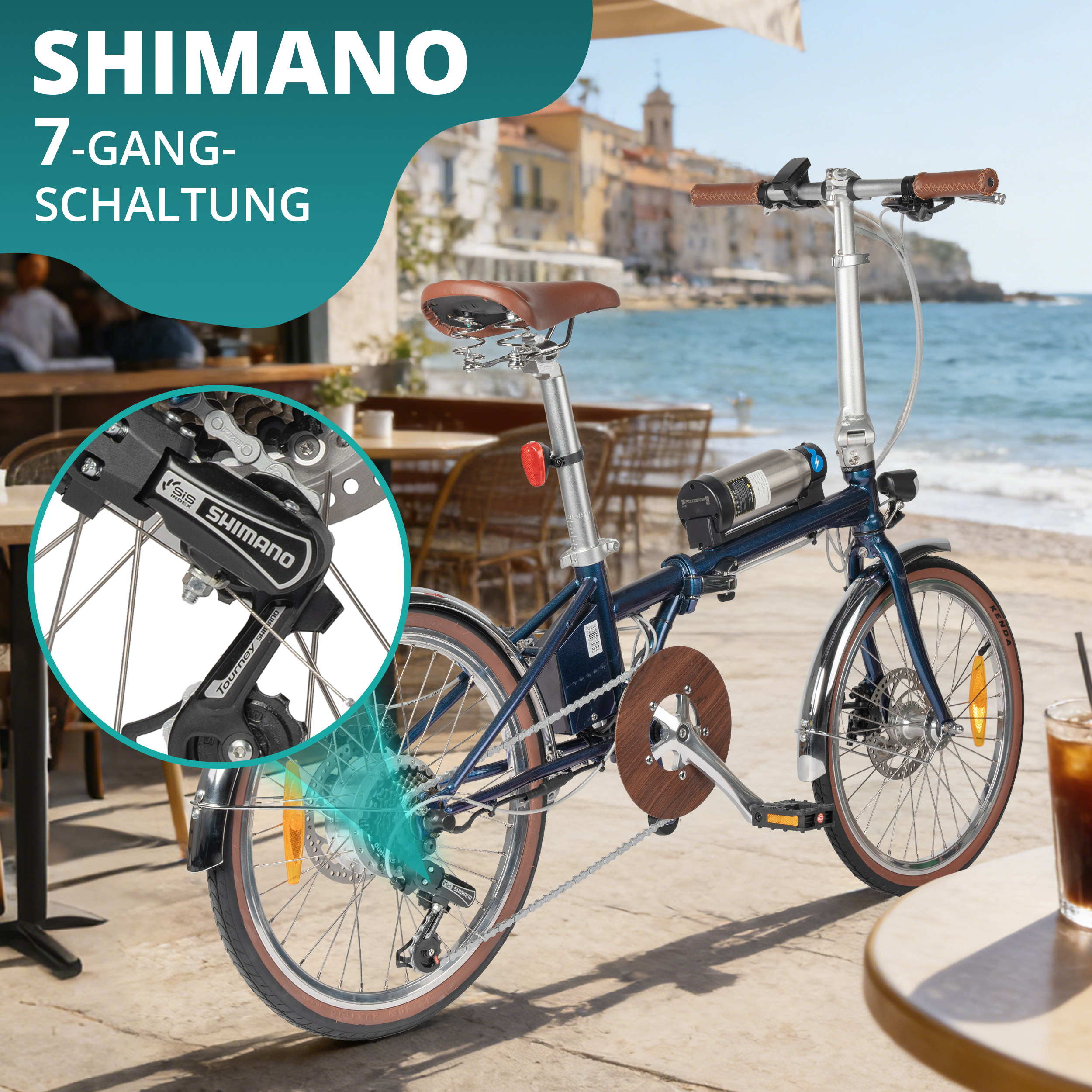 Ein blaues Faltrad mit Shimano-Schaltung am Strand.