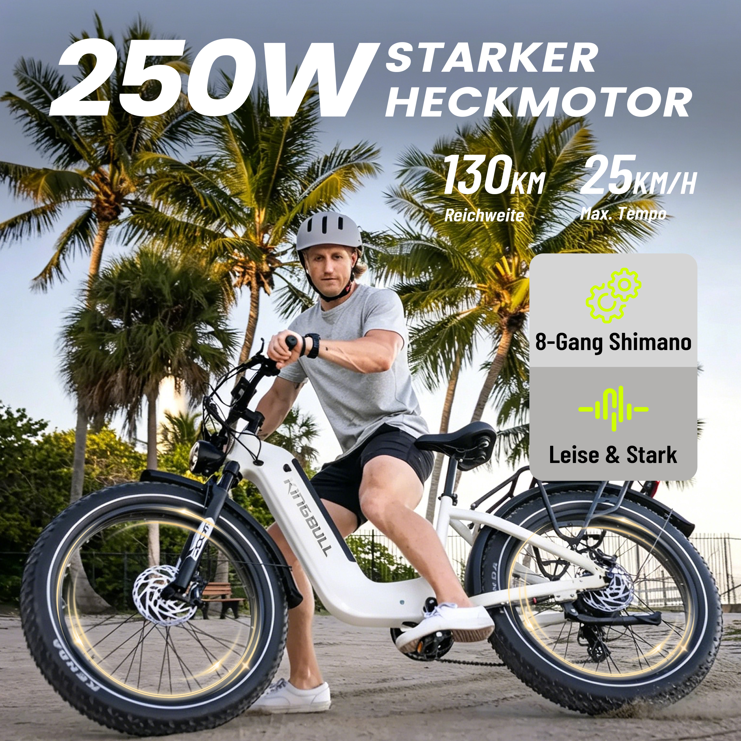 Mann auf weißem E-Bike mit 250W Motor, 8-Gang Shimano, Reichweite 130km.
