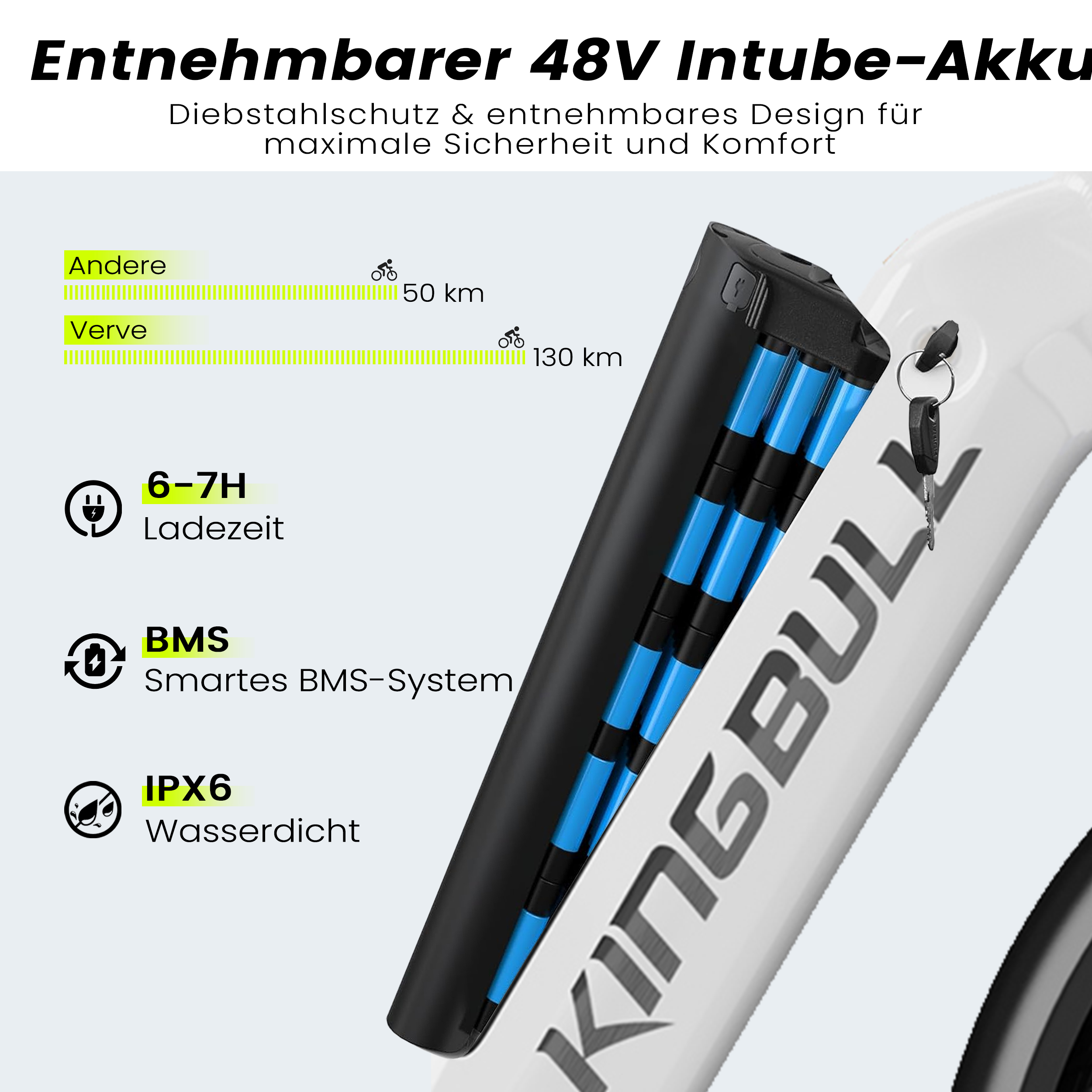 Herausnehmbarer 48V Intube-Akku mit Diebstahlschutz, Ladezeit 6-7H, BMS, IPX6.