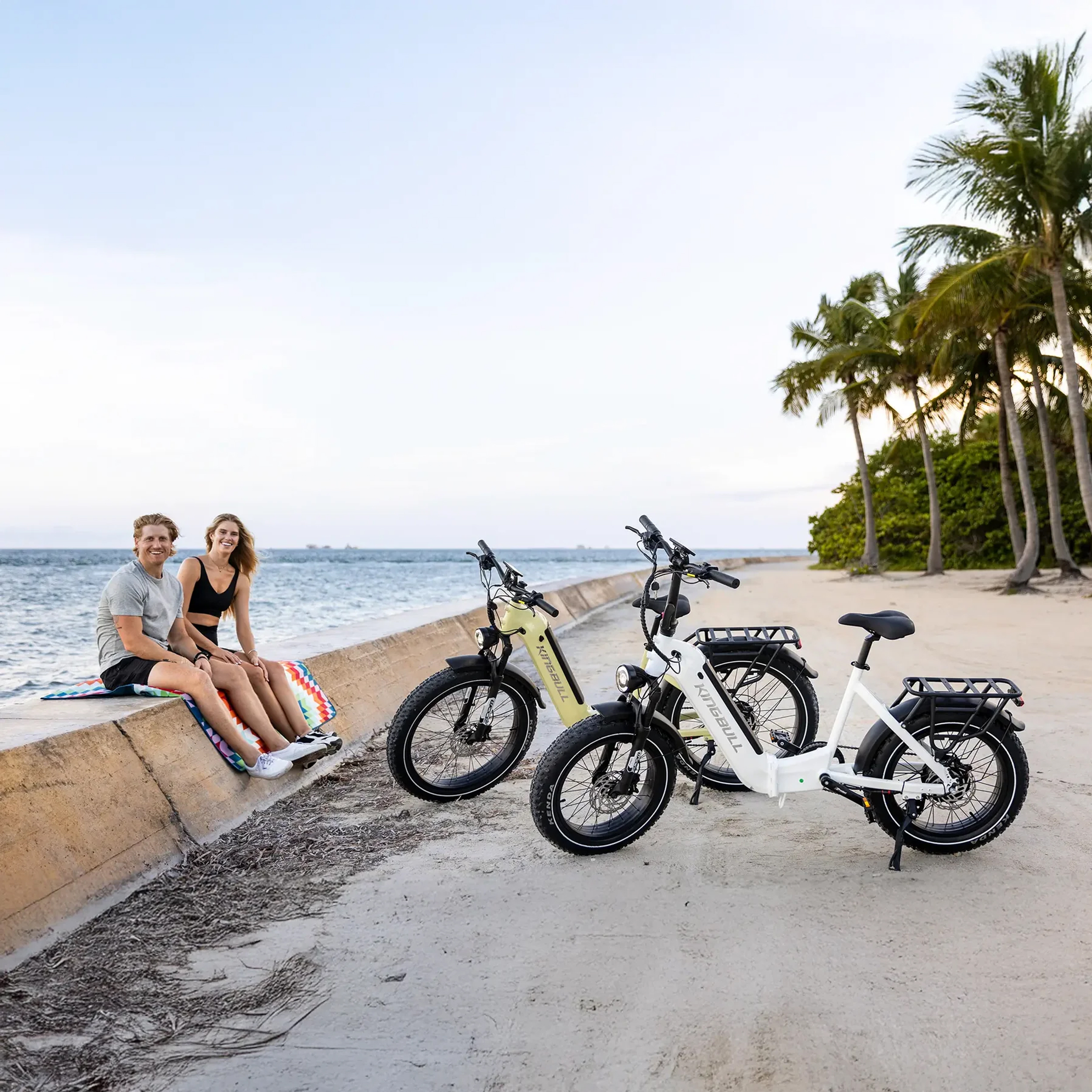 Mann und Frau sitzen am Meer, zwei E-Bikes stehen am Strand.