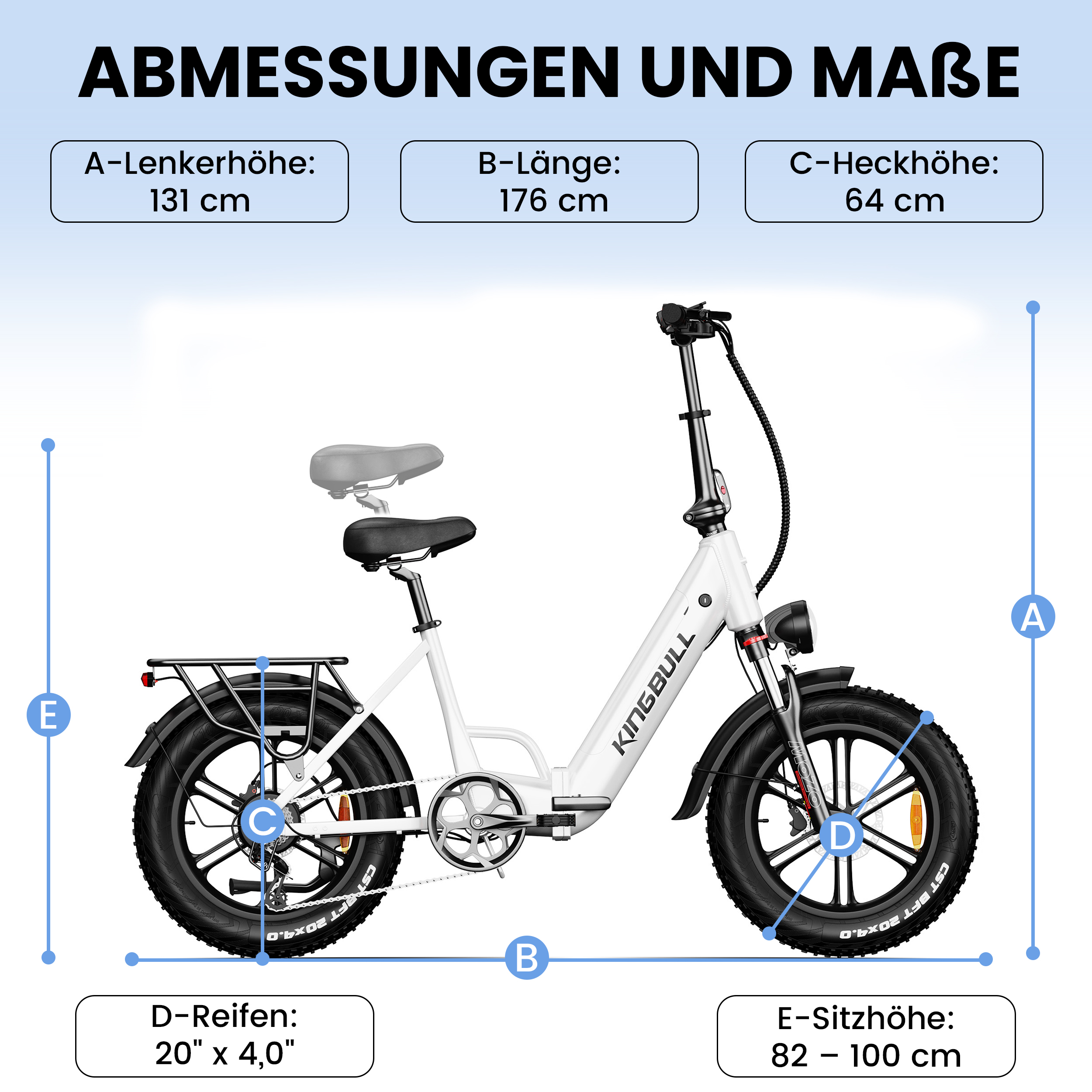 Ein weißes E-Bike mit Maßen: Lenkerhöhe 131cm, Länge 176cm, Heck 64cm, Reifen 20x4.0, Sitzhöhe 82-100cm.