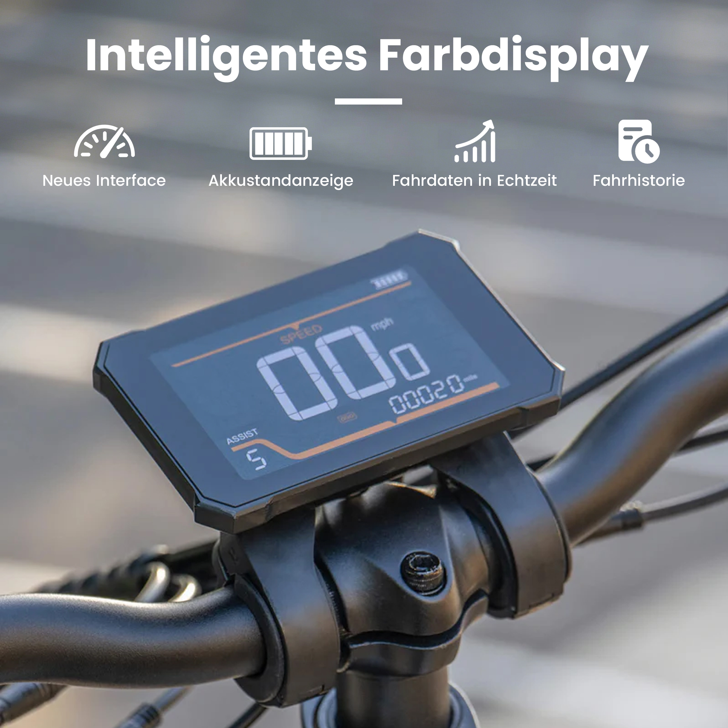 Intelligentes Farbdisplay mit Ganganzeige und Batteriestatus auf einem Fahrrad.