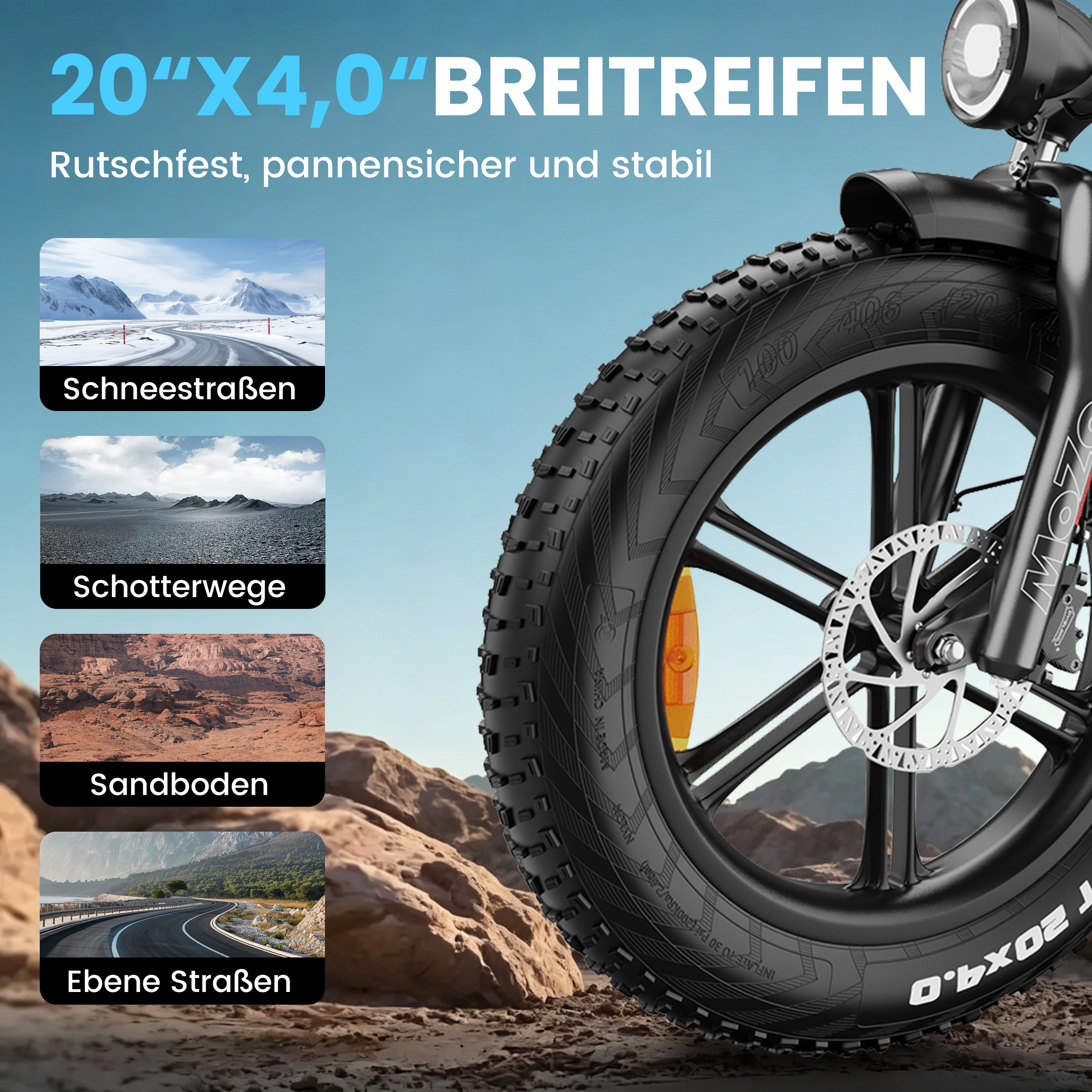 Fahrrad mit breiten Reifen, geeignet für Schnee, Schotter, Sand und Straßen.