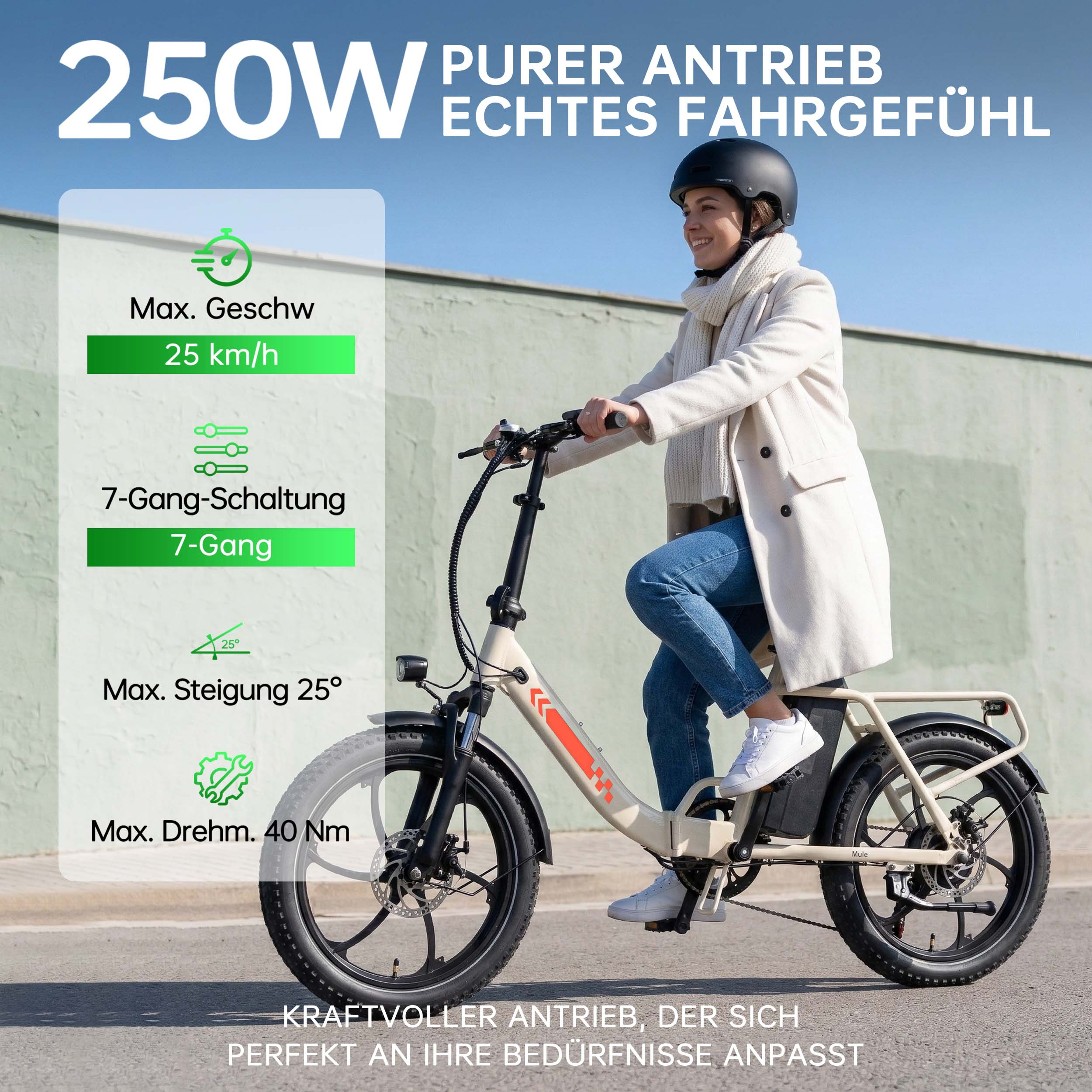 Eine Frau fährt ein beiges E-Bike mit Helm und Schal. Spezifikationen sind auf der linken Seite.