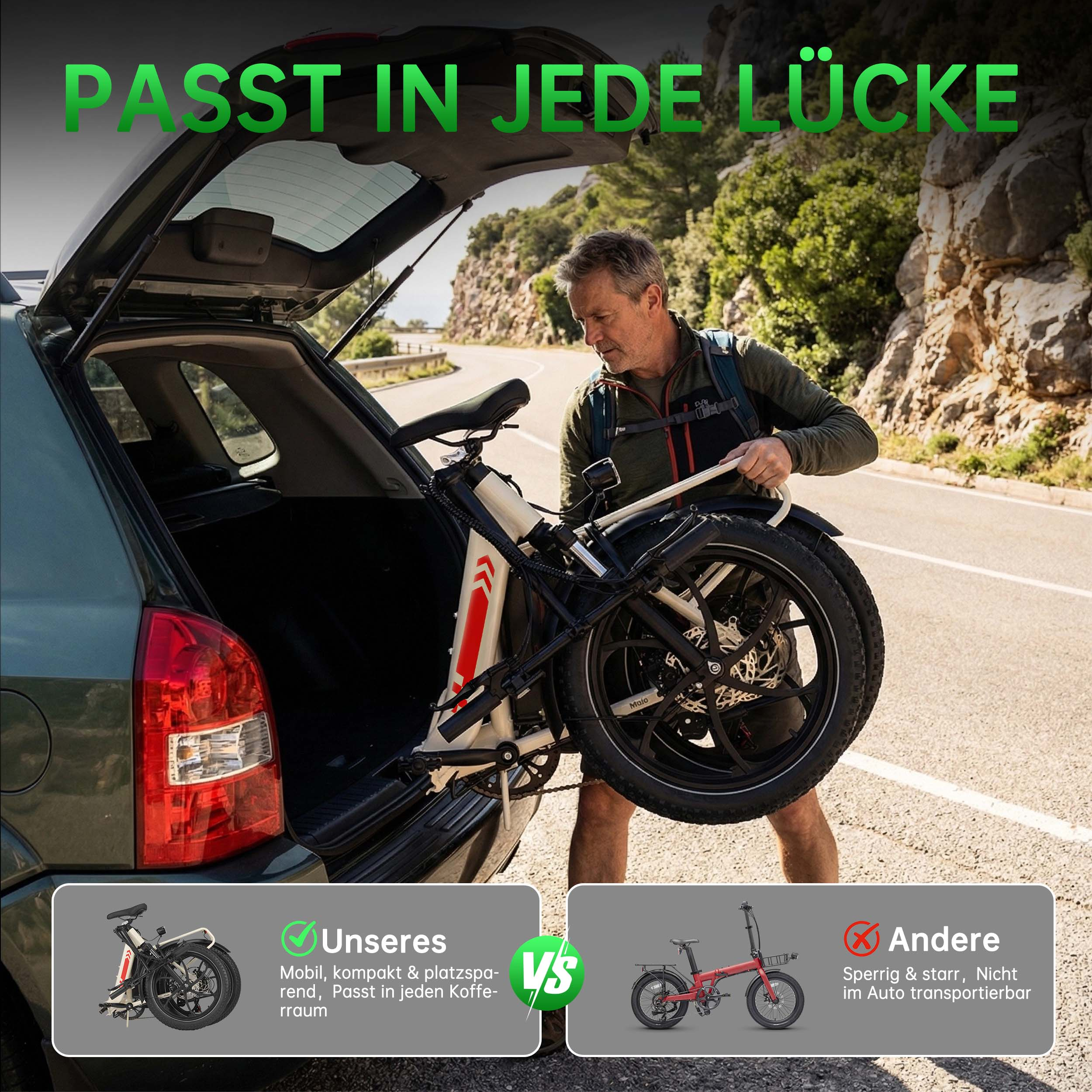 Mann verstaut weißes Faltrad im Kofferraum eines Autos.