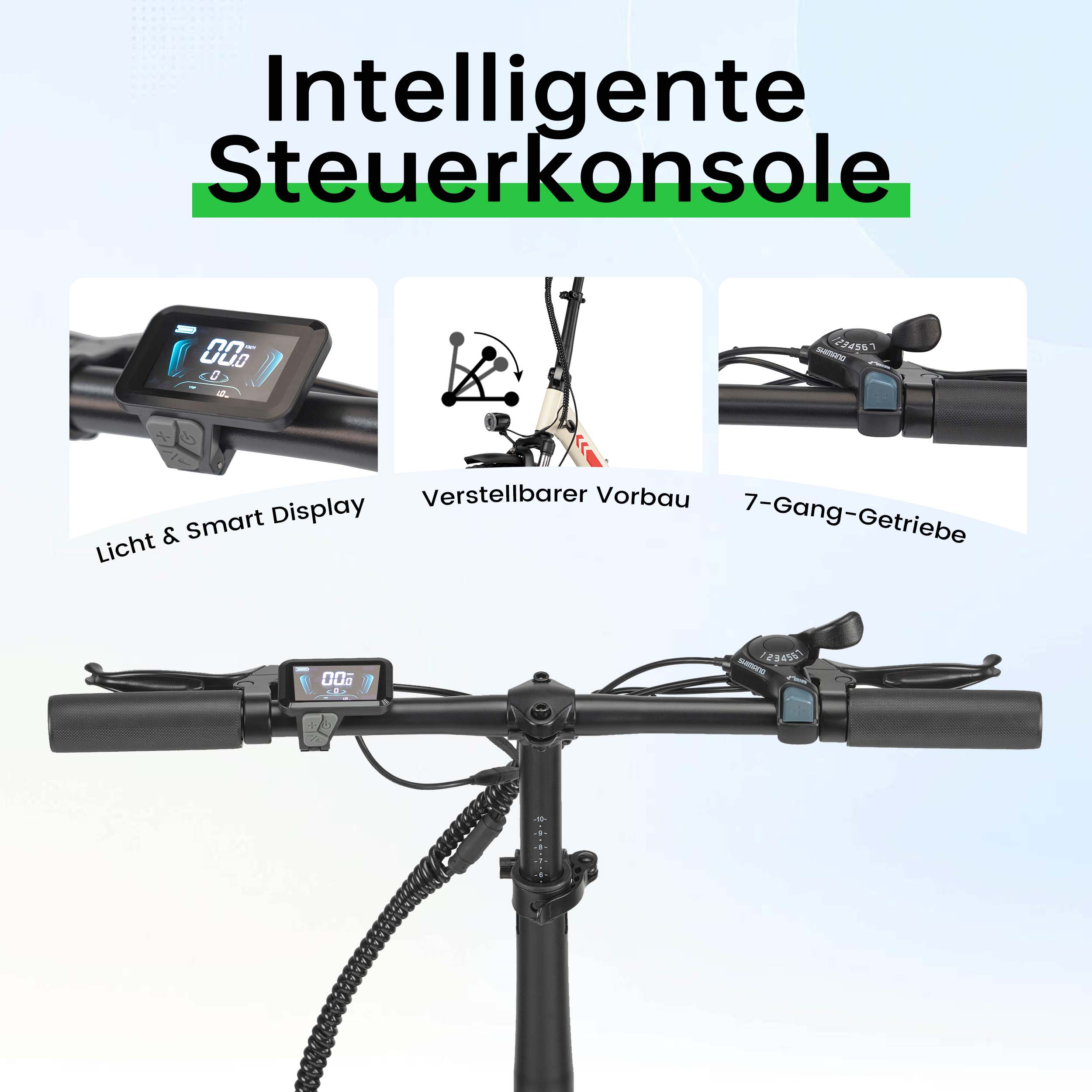 Lenker mit Display, verstellbarem Vorbau und 7-Gang-Schaltung.