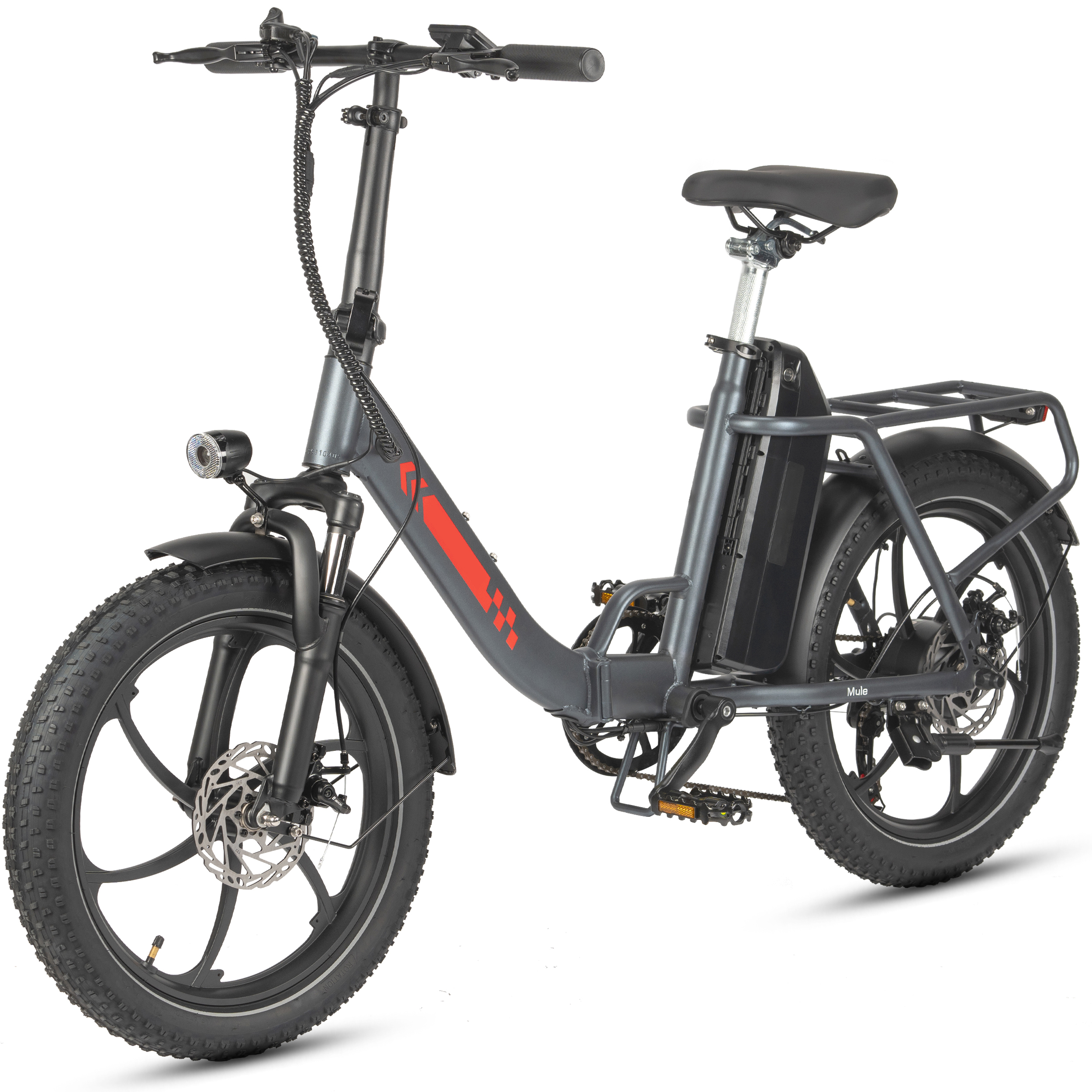 Graues E-Bike mit breiten Reifen, Gepäckträger und Scheinwerfer.