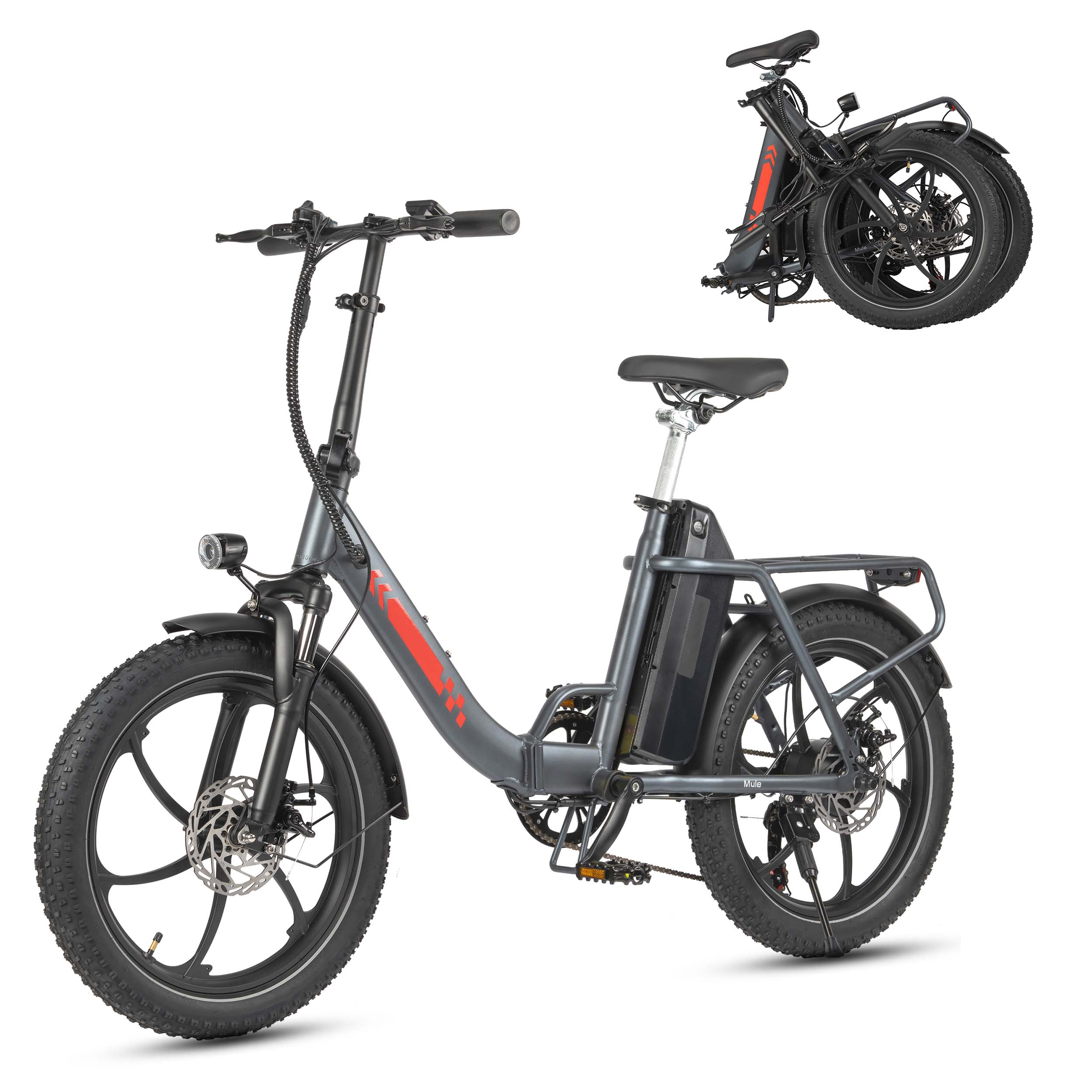 Ein graues faltbares E-Bike mit breiten Reifen, Gepäckträger und integriertem Akku.