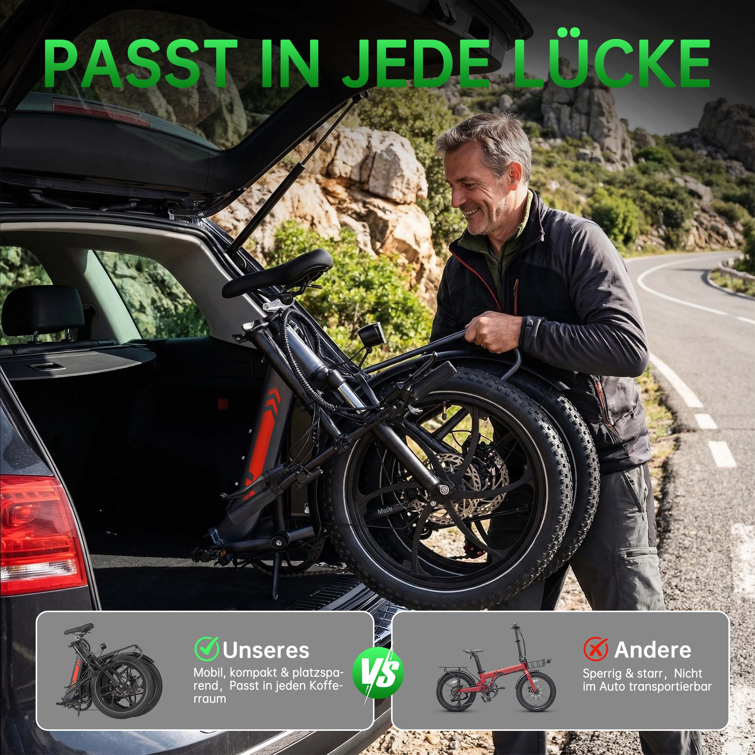 Ein Mann lädt ein faltbares Fahrrad in einen Kofferraum. "Passt in jede Lücke".