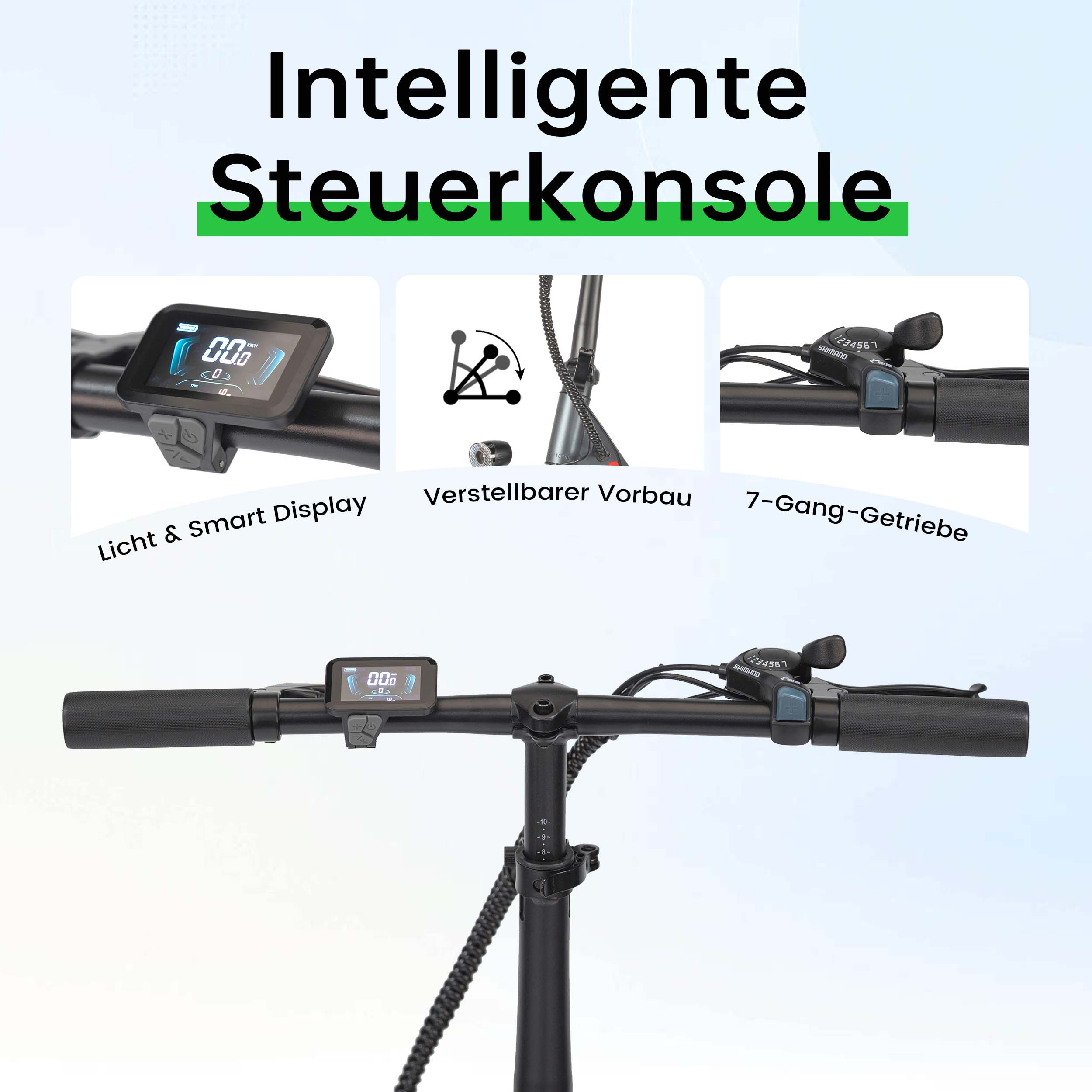 Intelligente Steuerkonsole mit Display, verstellbarem Vorbau und 7-Gang-Schaltung.