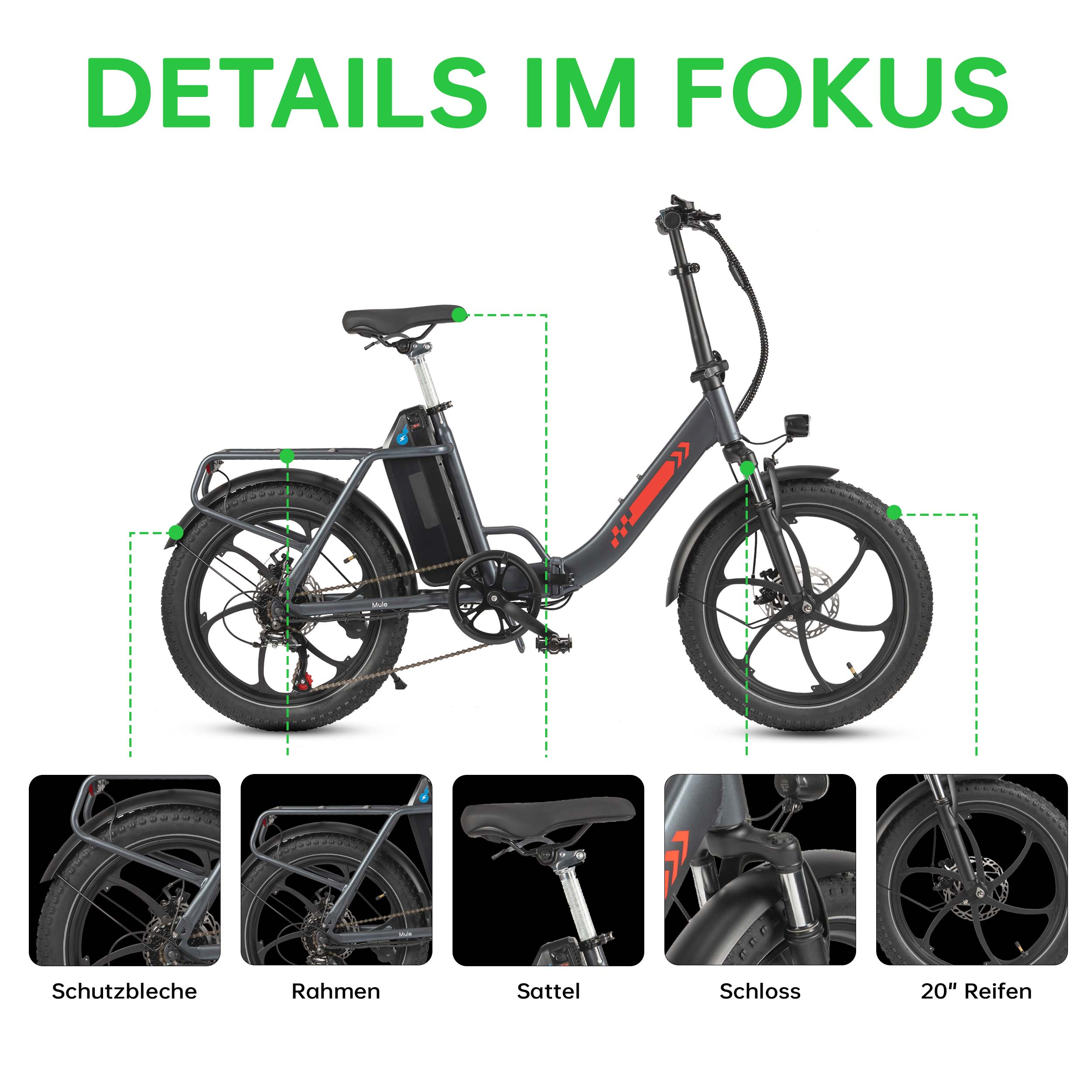 Ein faltbares E-Bike mit breiten Reifen, Gepäckträger und Akku.