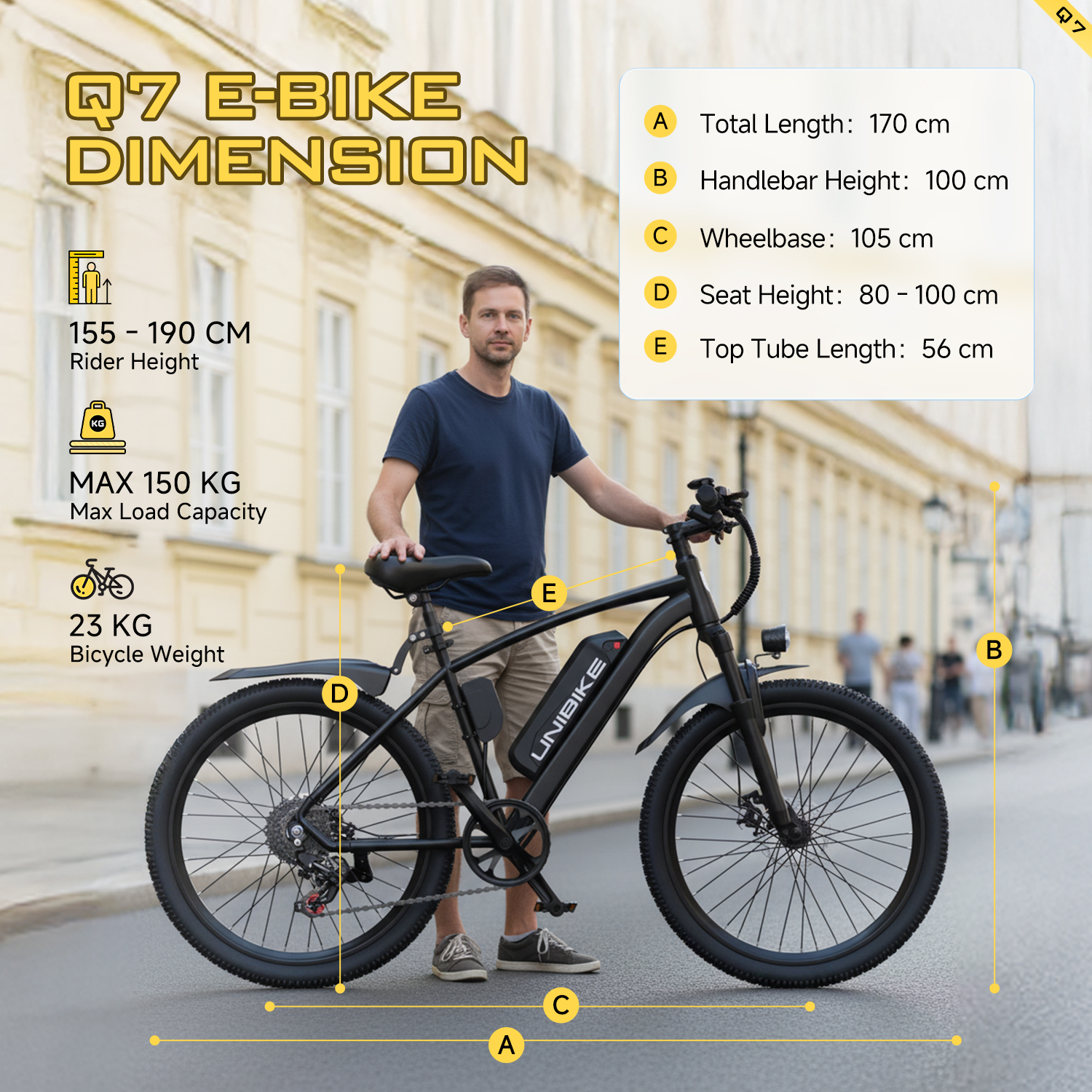 Uomo con e-bike, dimensioni: 170 cm lunghezza, 100 cm altezza manubrio, 105 cm passo.