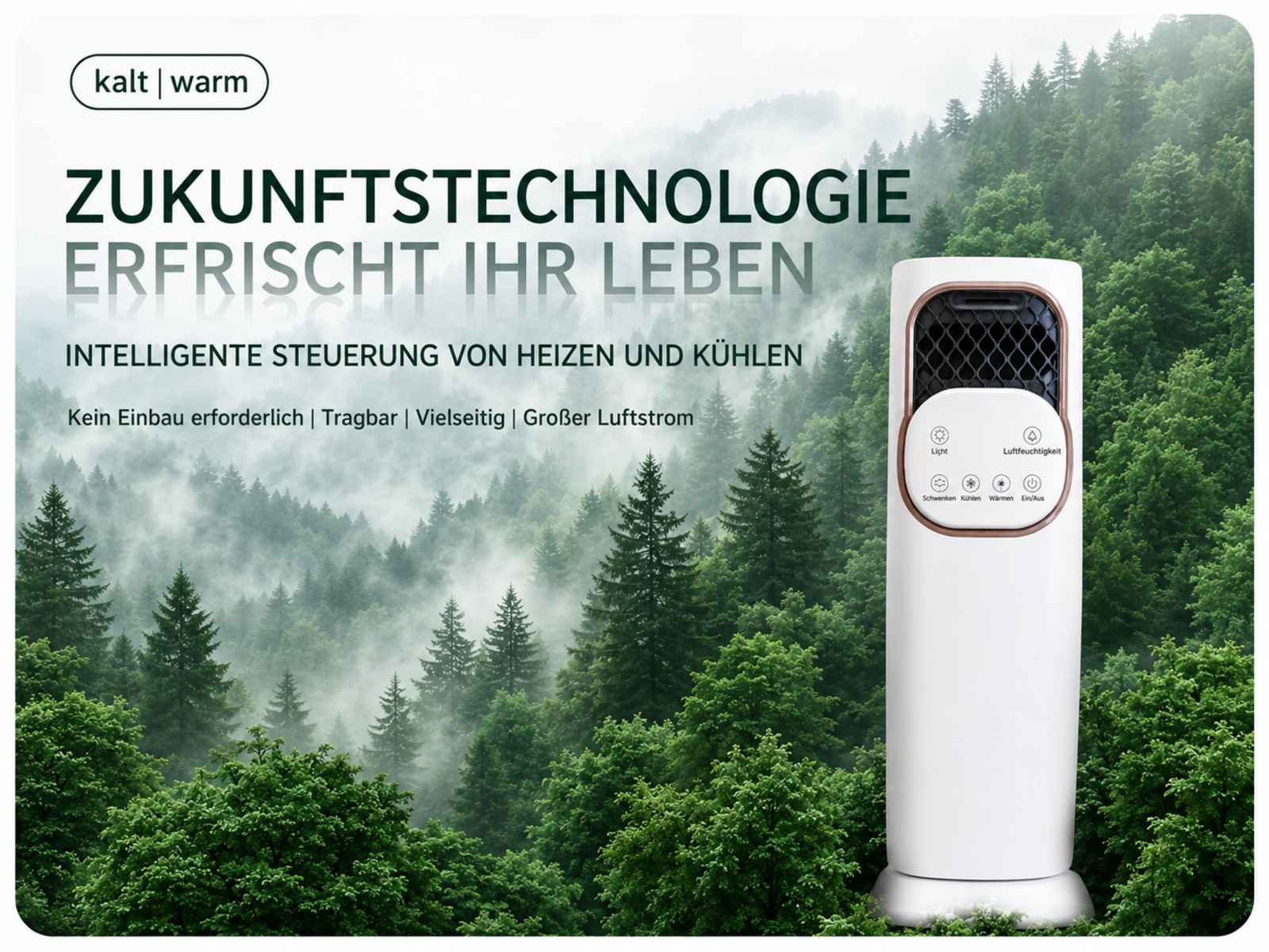 Ein weißer Turmventilator steht vor einem nebligen Wald aus grünen Bäumen mit Text.