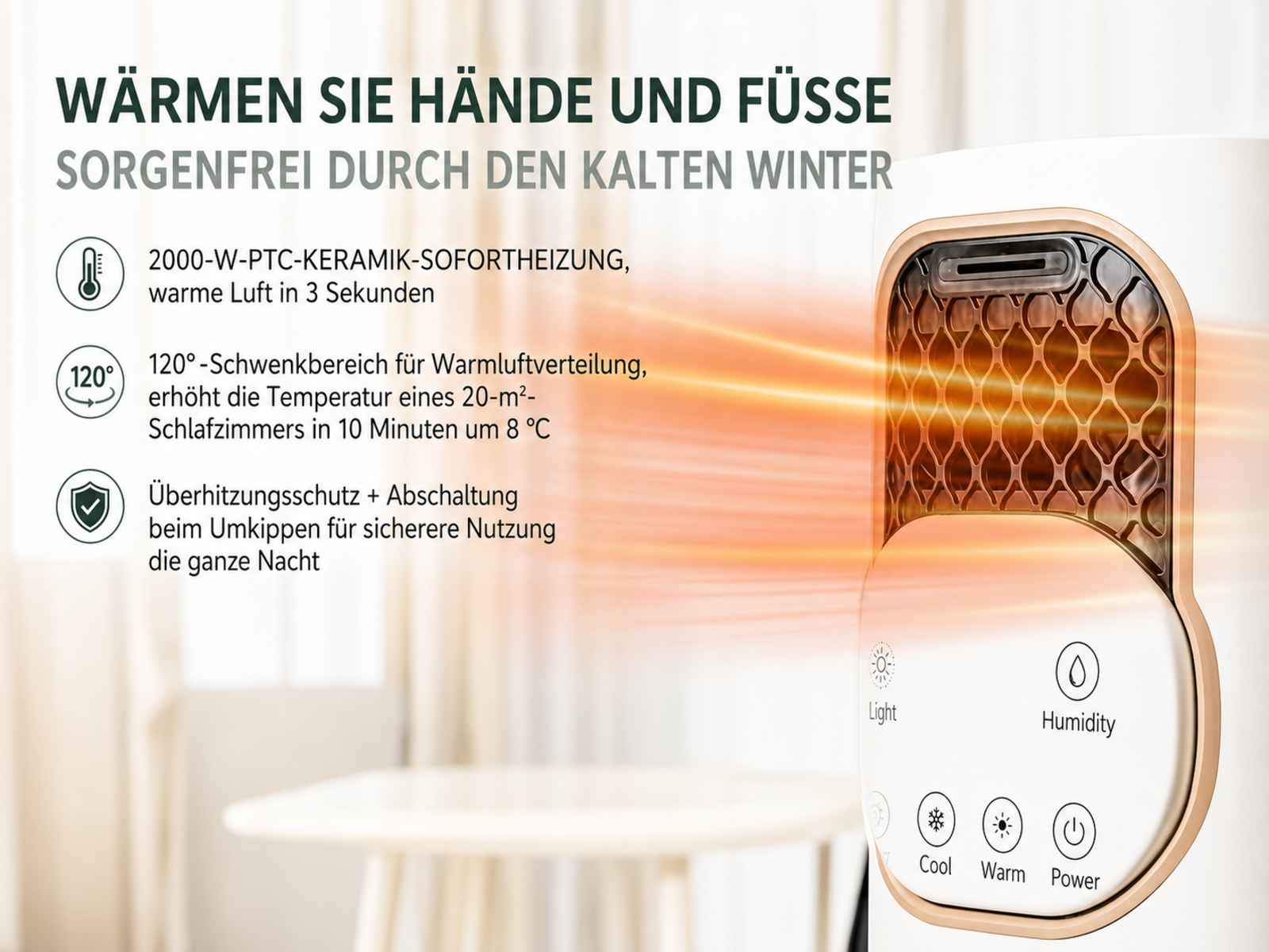 Heizlüfter mit PTC-Keramik, 120° Schwenkbereich, Überhitzungsschutz.