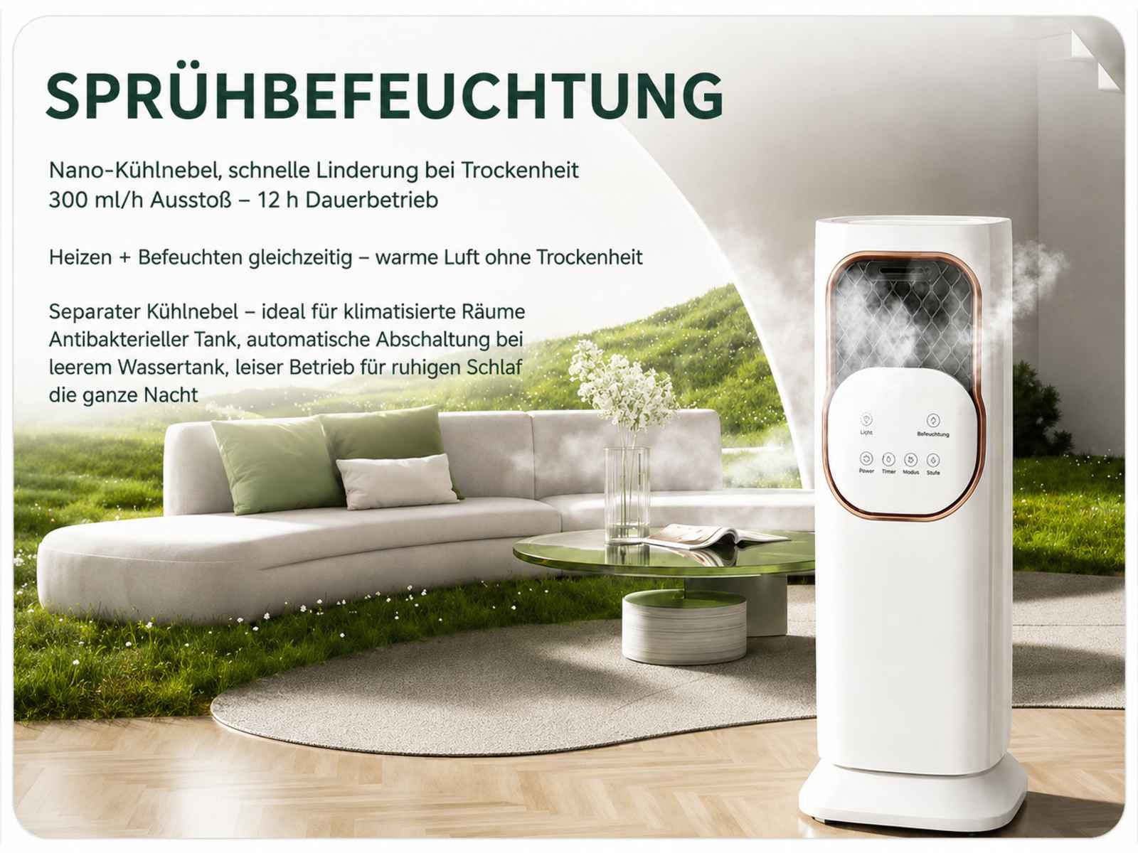Ein weißer Luftbefeuchter mit Nebel steht neben einem Sofa in einem Wohnzimmer.