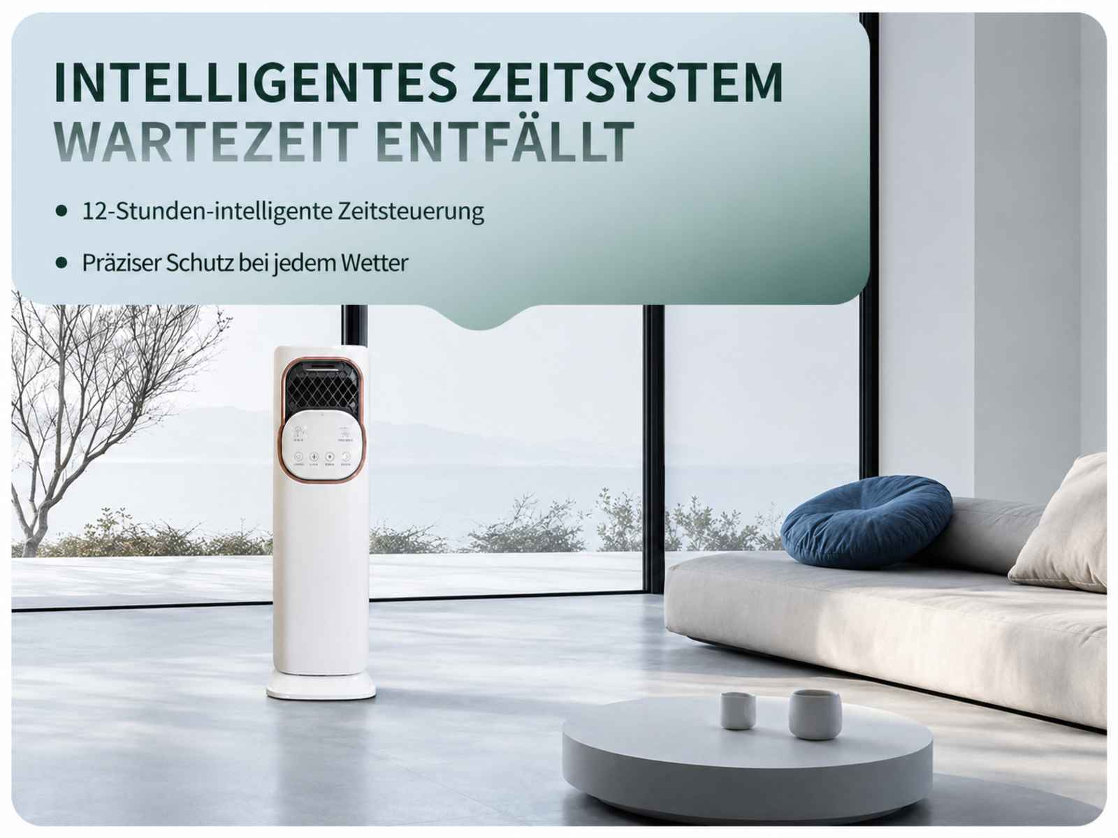 Ein weißer Luftreiniger steht in einem modernen Wohnzimmer neben einem Sofa.