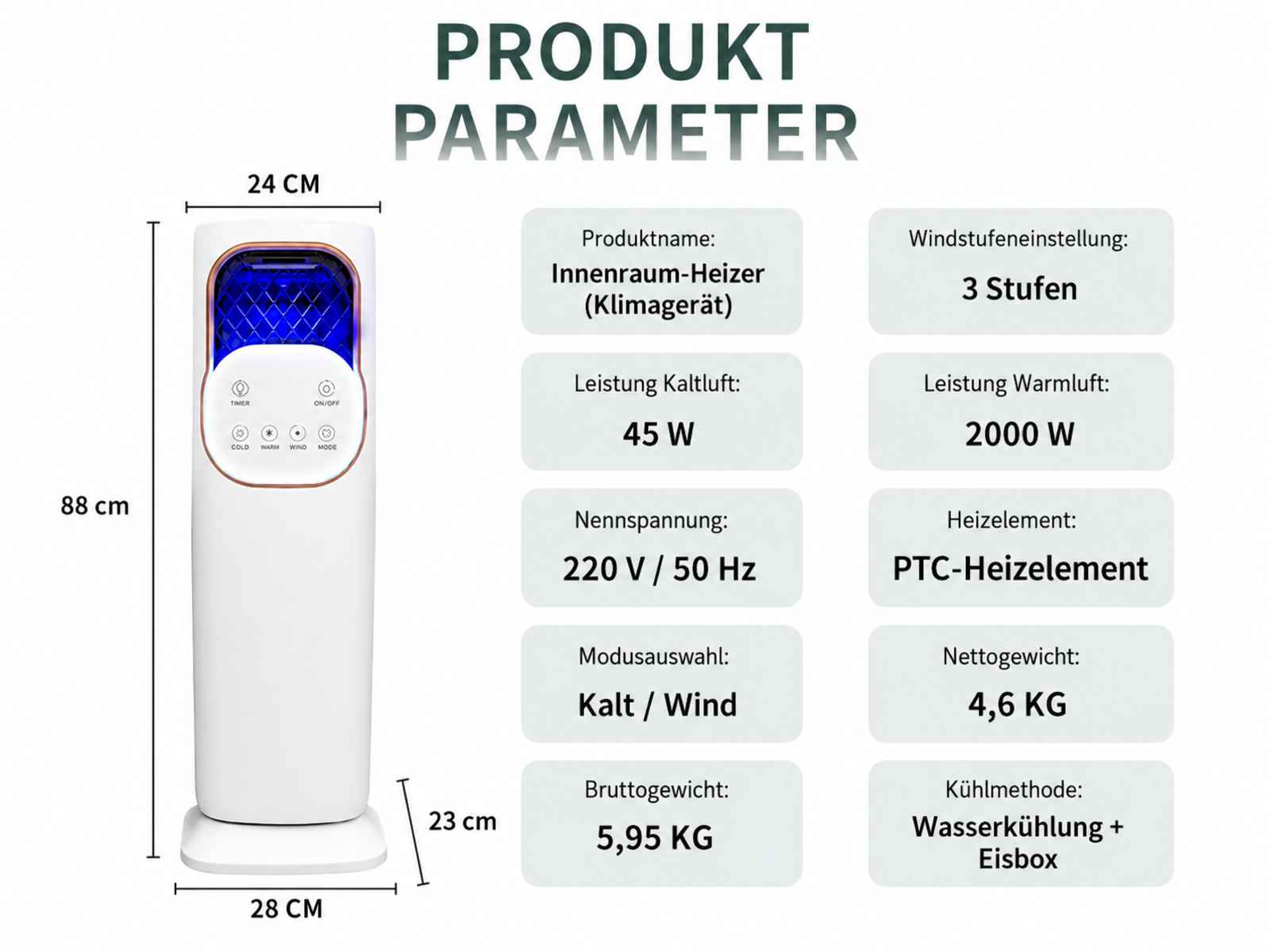 Ein weißer Turm-Lufterfrischer mit blauen Lichter, 88cm hoch, 24cm breit. Produktparameter werden angezeigt.