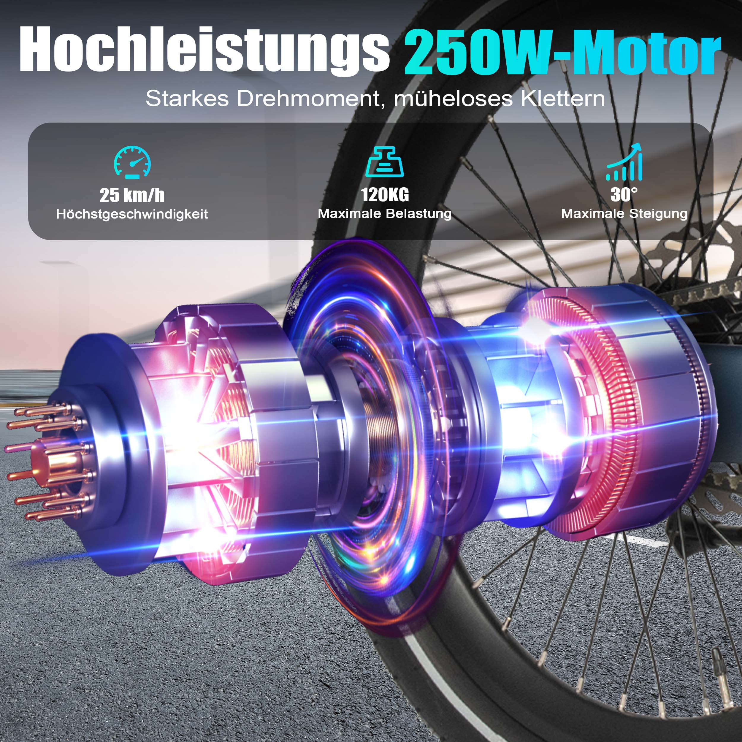 Illustration eines E-Bike-Motors mit Leistungswerten: 250W, 25 km/h, 120kg, 30°.
