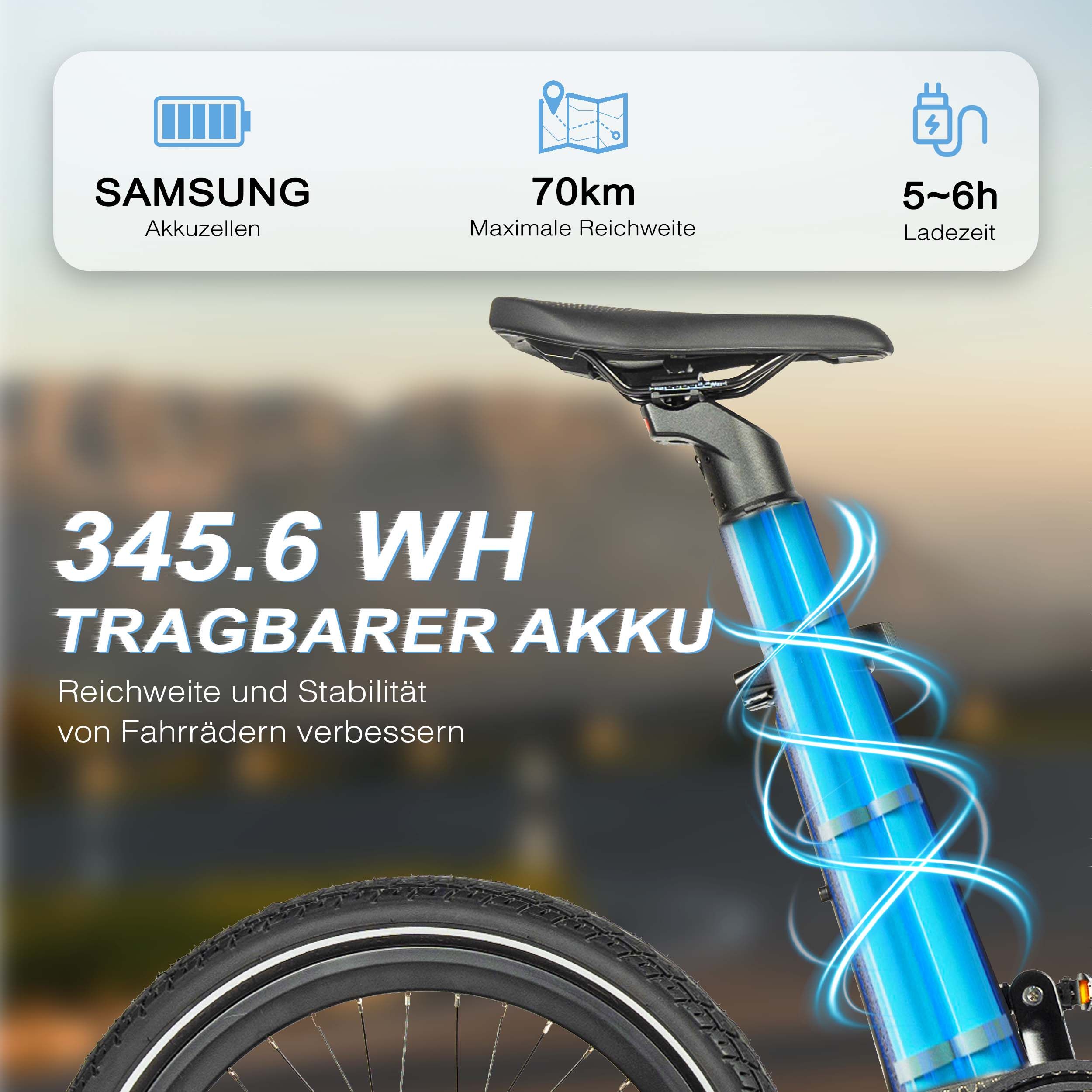 E-Bike Akku mit 345,6 WH, 70km Reichweite, 5-6h Ladezeit. Samsung Akkuzellen.