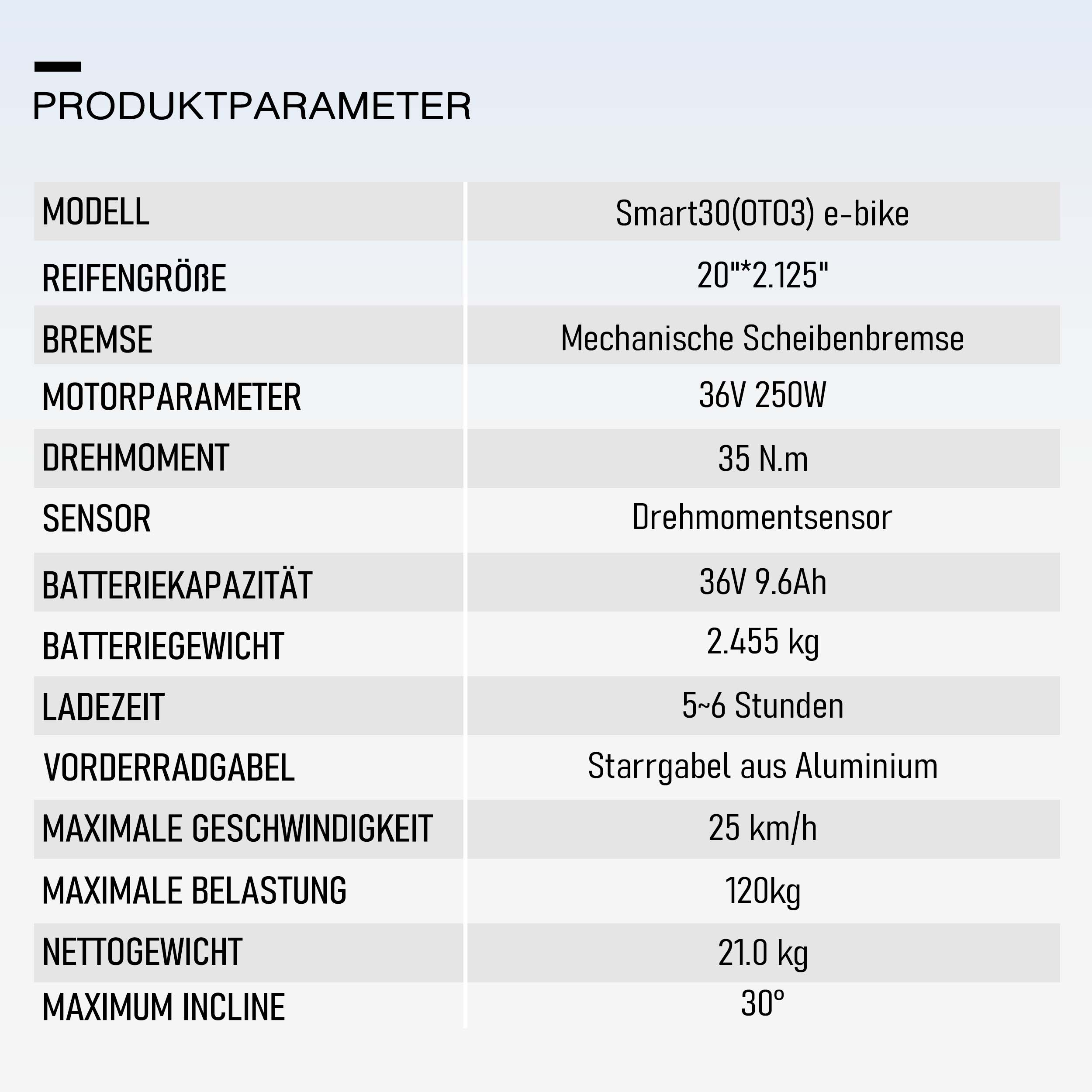 Produktspezifikationen: Smart30 e-bike, 20" Reifen, Scheibenbremse, 36V 250W Motor.