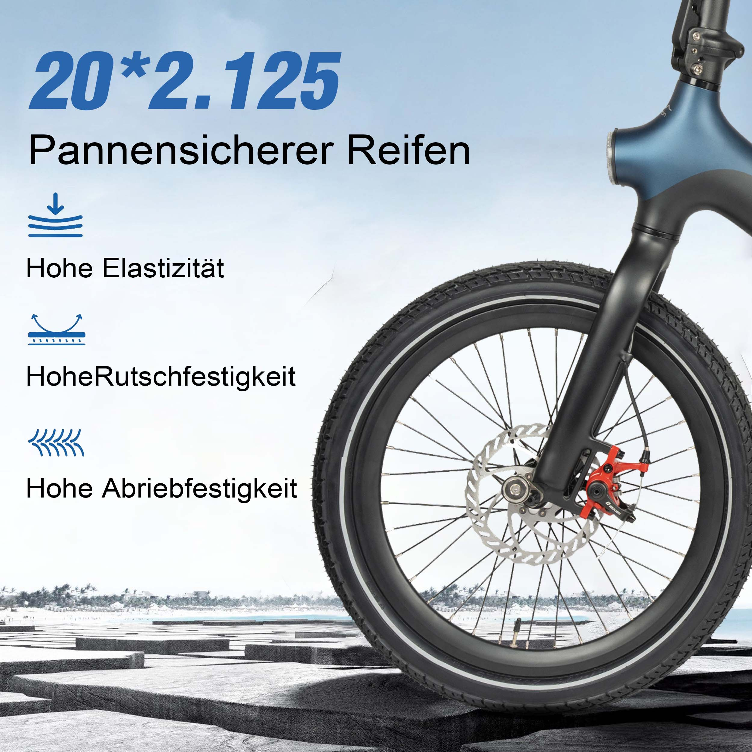 20x2.125 pannensicherer Reifen, hohe Elastizität, Rutschfestigkeit, Abriebfestigkeit.