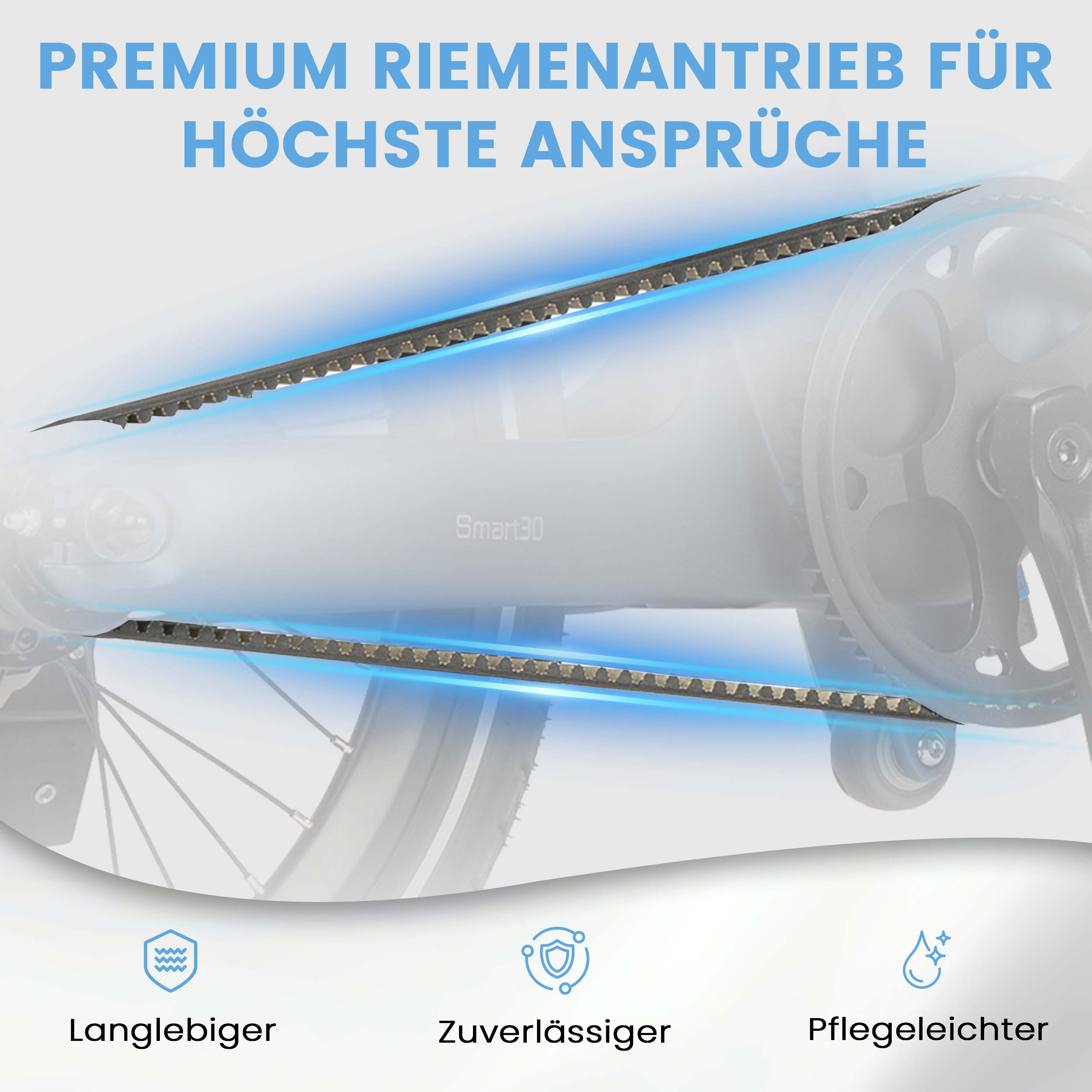 Detailansicht eines Fahrradriemenantriebs mit Zahnung.