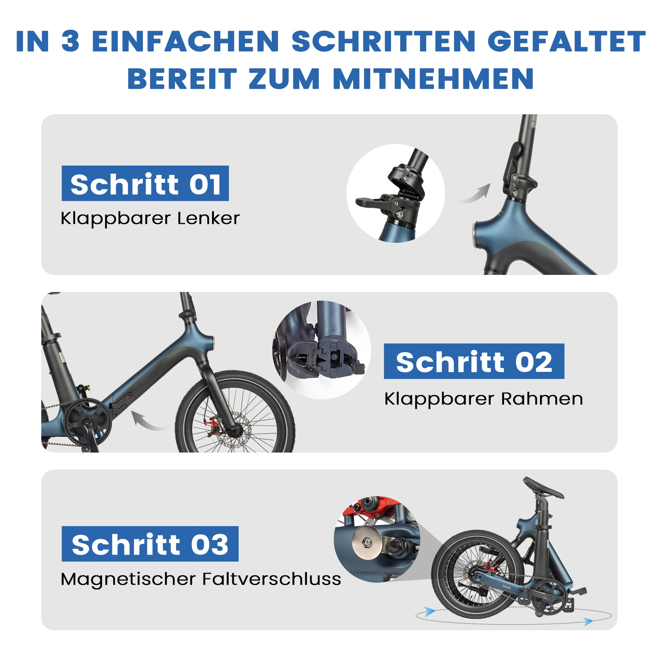 Schritt-für-Schritt-Anleitung zum Falten eines blauen Fahrrads.