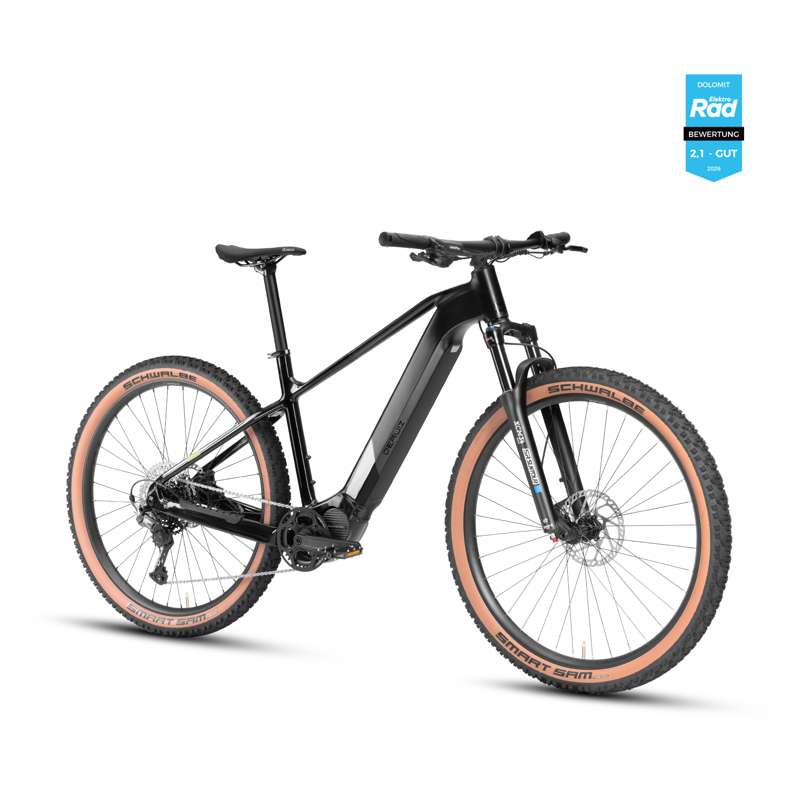 Schwarzes E-Mountainbike mit braunen Reifen und weißem Streifen am Rahmen.