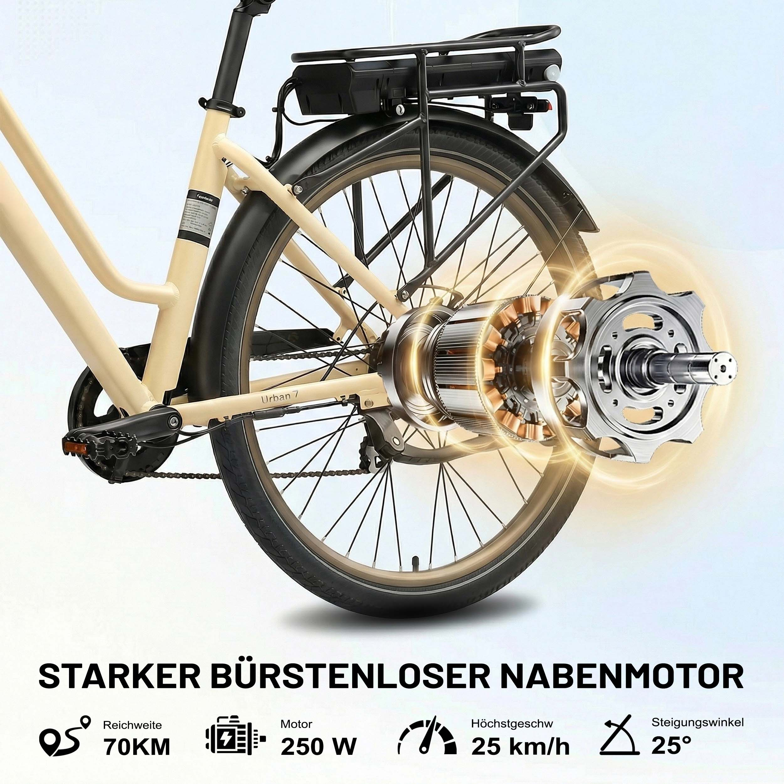 Nahaufnahme eines E-Bikes mit Fokus auf den Nabenmotor und technische Daten.