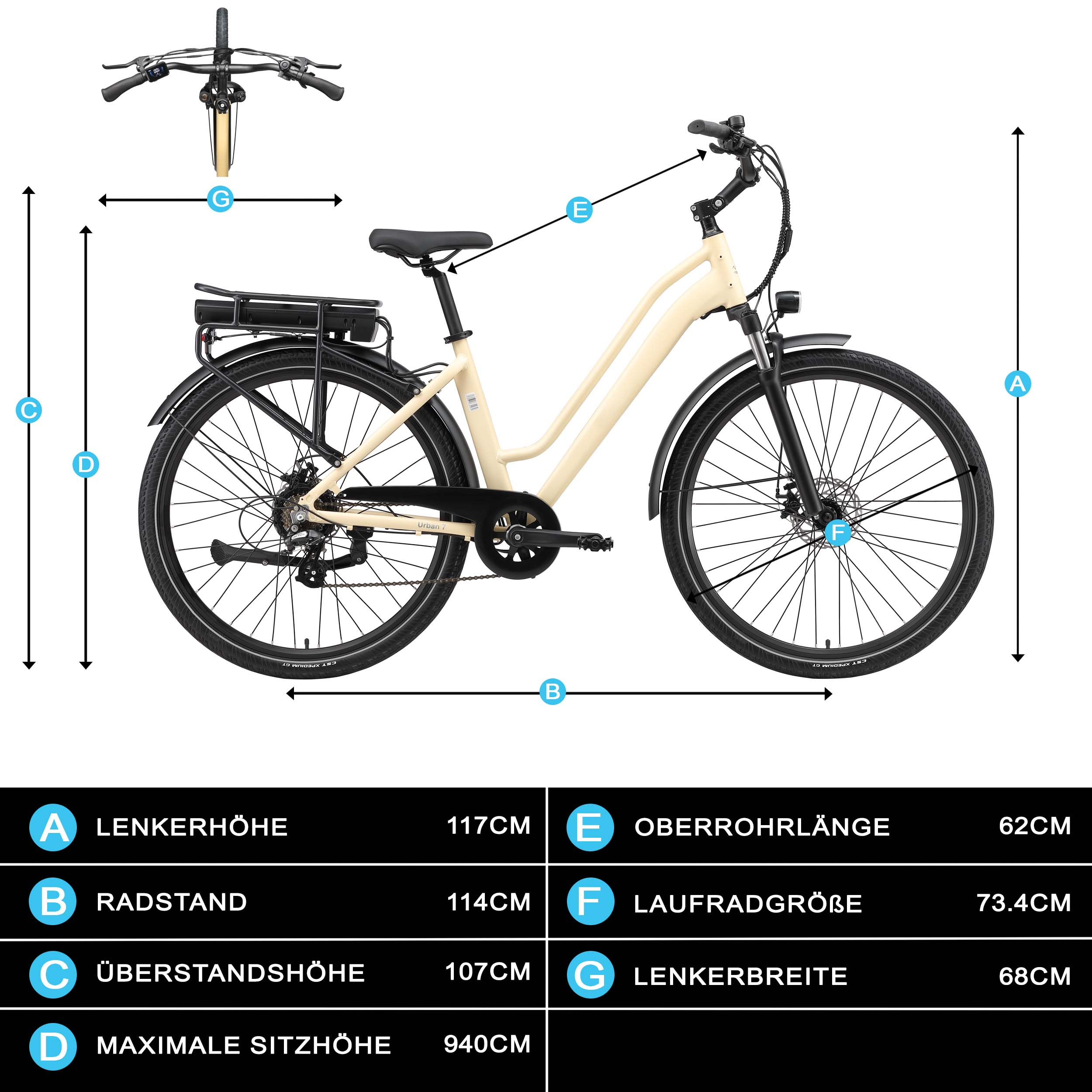 Eine cremefarbene E-Bike mit Maßen und Beschriftungen.