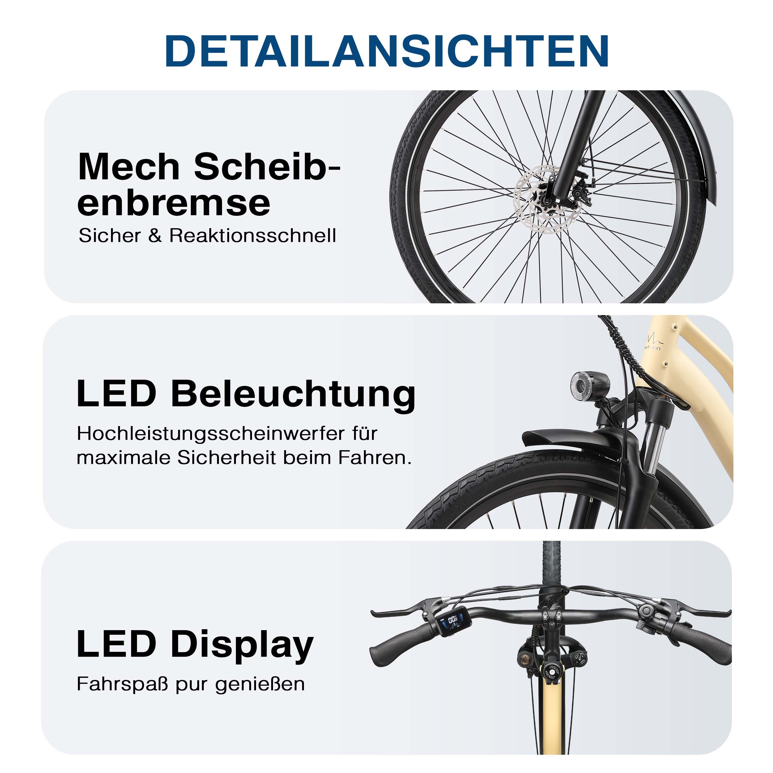 Drei Detailansichten eines Fahrrads: Bremse, Beleuchtung und Display.