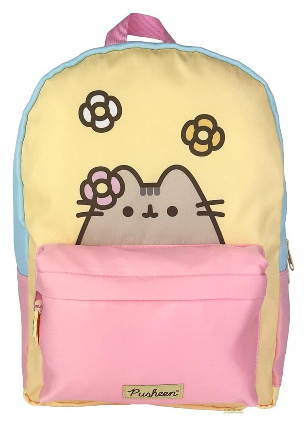 Ein gelber Rucksack mit blauem Rand, der eine Katze und Blumen zeigt.