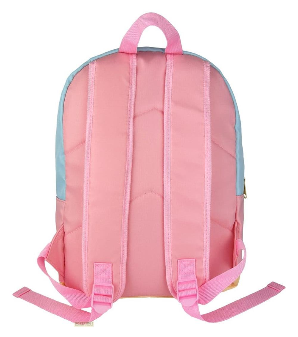 Ein rosa Rucksack mit blauen Seitenteilen und rosa Trägern.