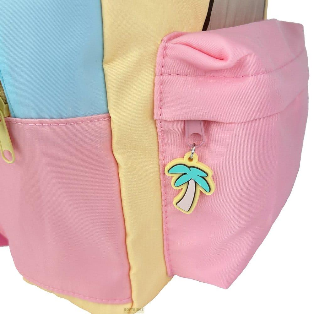 Rucksack mit Palmenanhänger, rosa, gelb und blau.