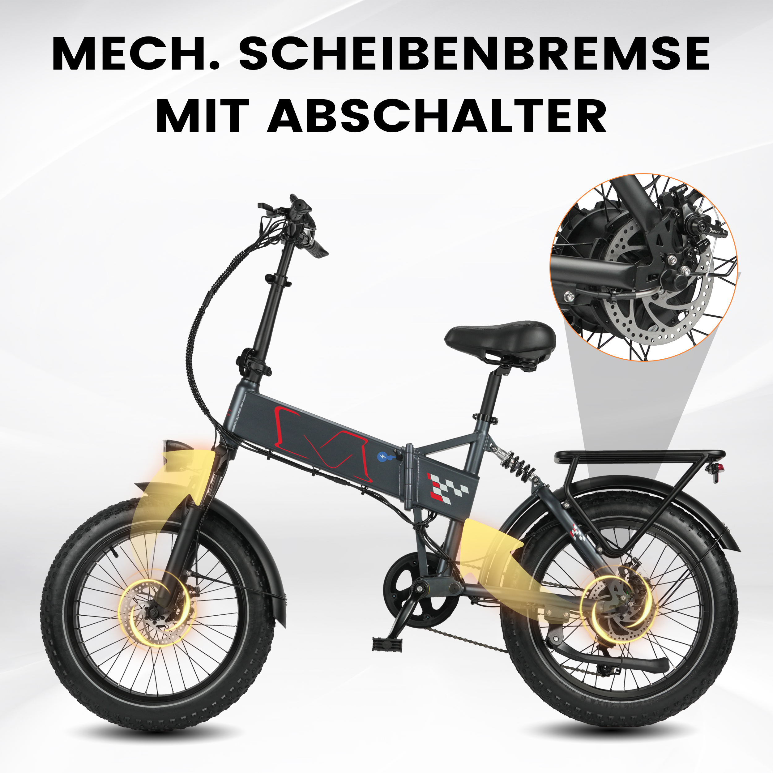 Ein graues Faltrad mit Scheibenbremsen, Vorder- und Rücklicht, Gepäckträger und gelben Hervorhebungen.