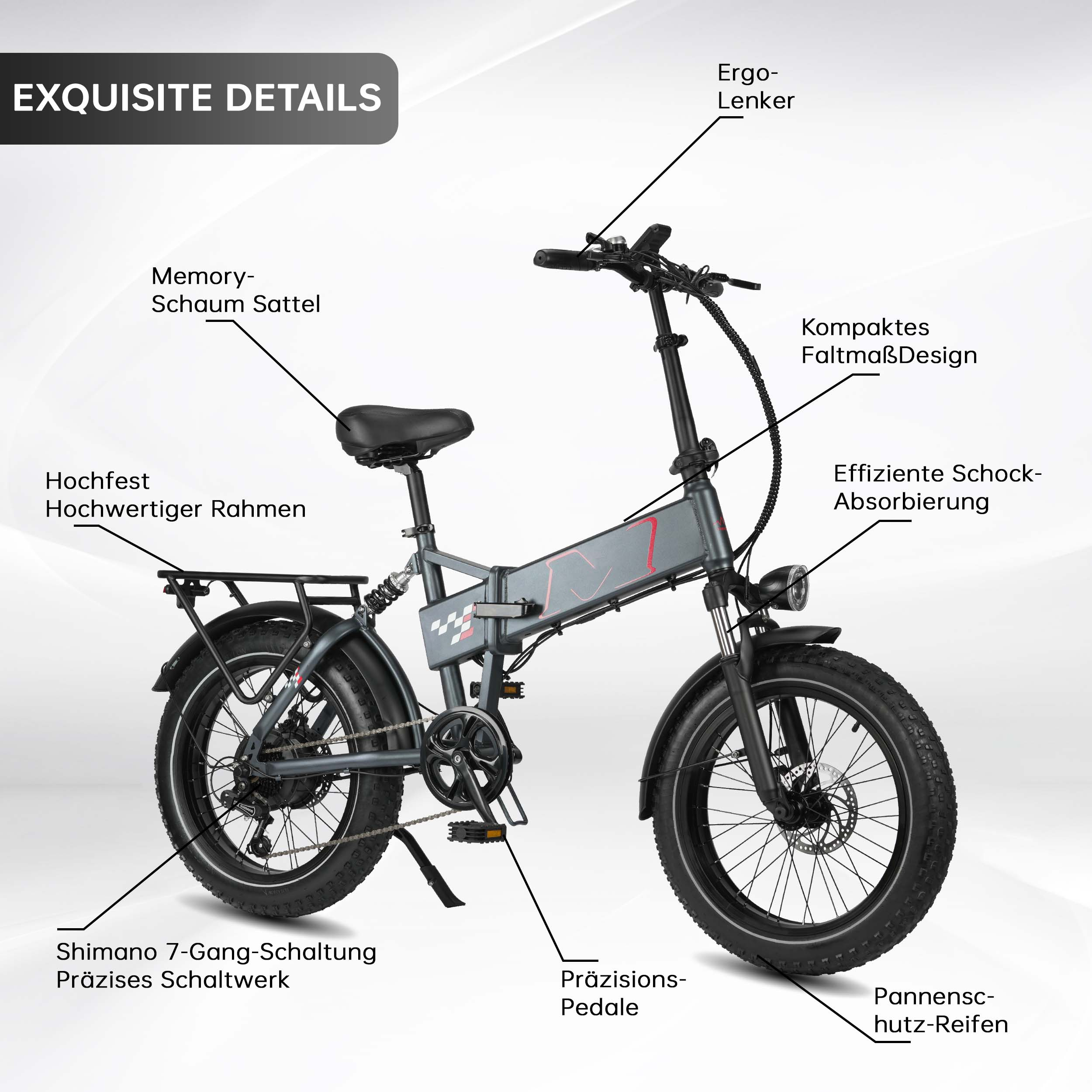 Graues faltbares E-Bike mit breiten Reifen, Lenker, Sattel, Pedalen und Gangschaltung.