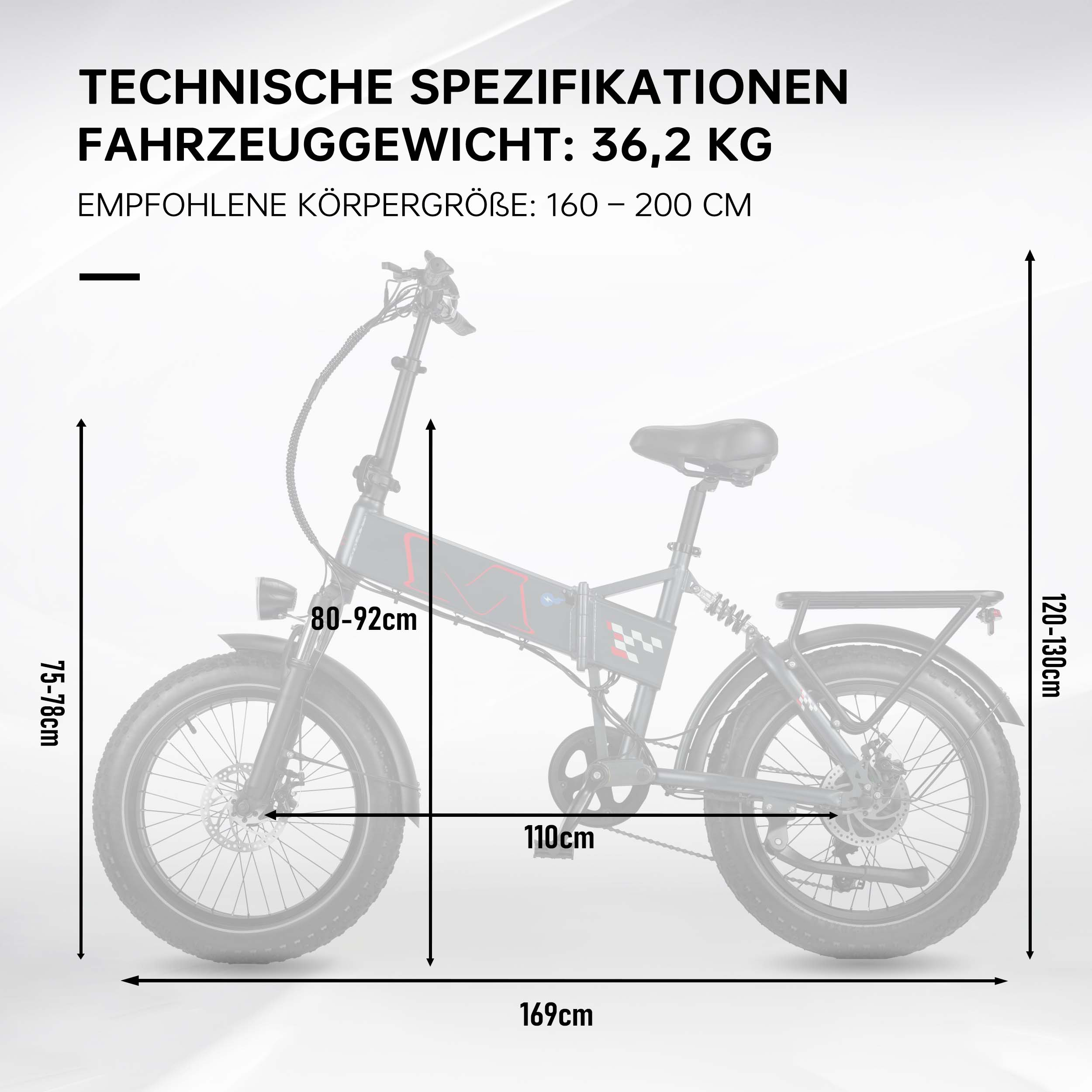 Ein schwarzes Klapprad mit technischen Spezifikationen und Maßen.