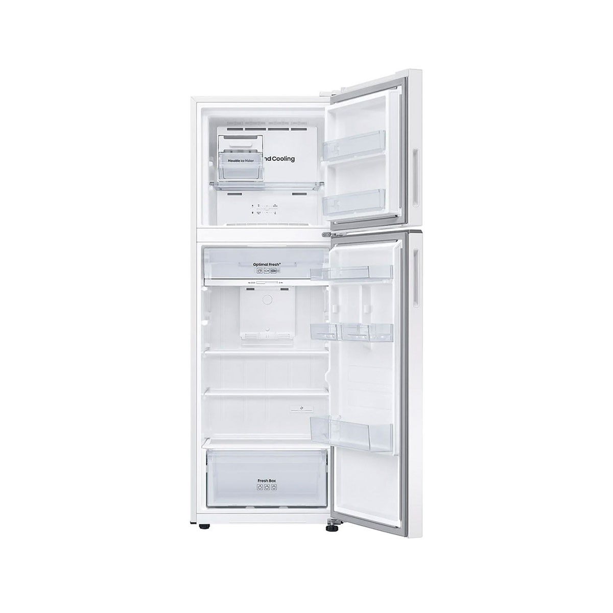 Ein weißer Kühlschrank mit offenem Fach und Gefrierfach mit Eiswürfelbehälter.