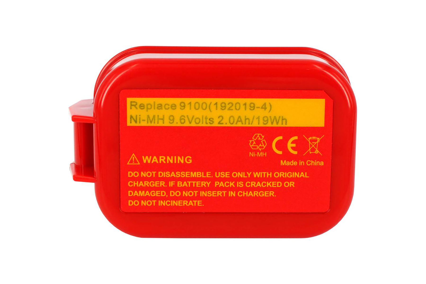 Roter Ni-MH Akku mit Warnhinweisen und CE-Zeichen.