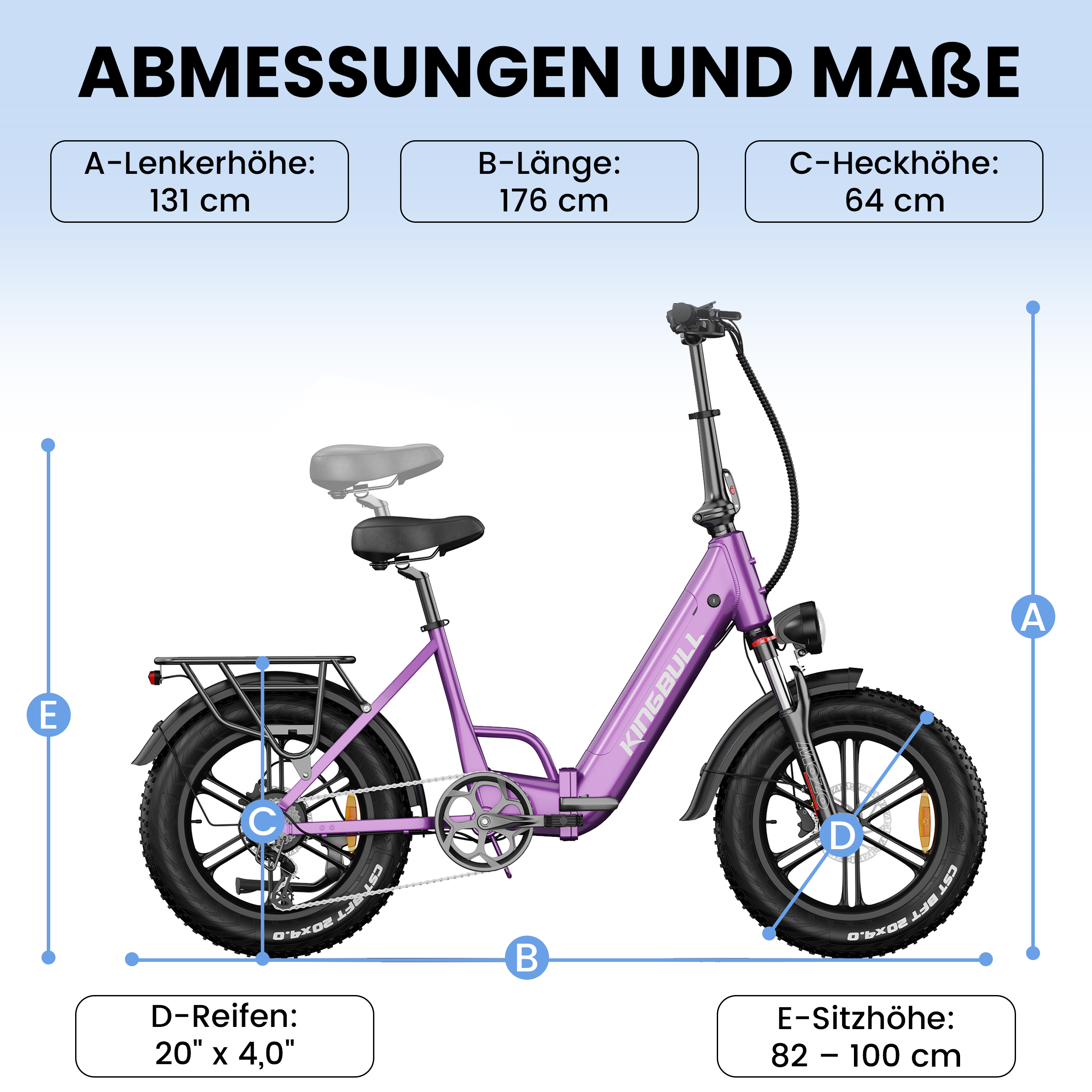 Lila E-Bike mit Maßen: Lenkerhöhe 131cm, Länge 176cm, Heckhöhe 64cm, Reifen 20x4.0, Sitzhöhe 82-100cm.