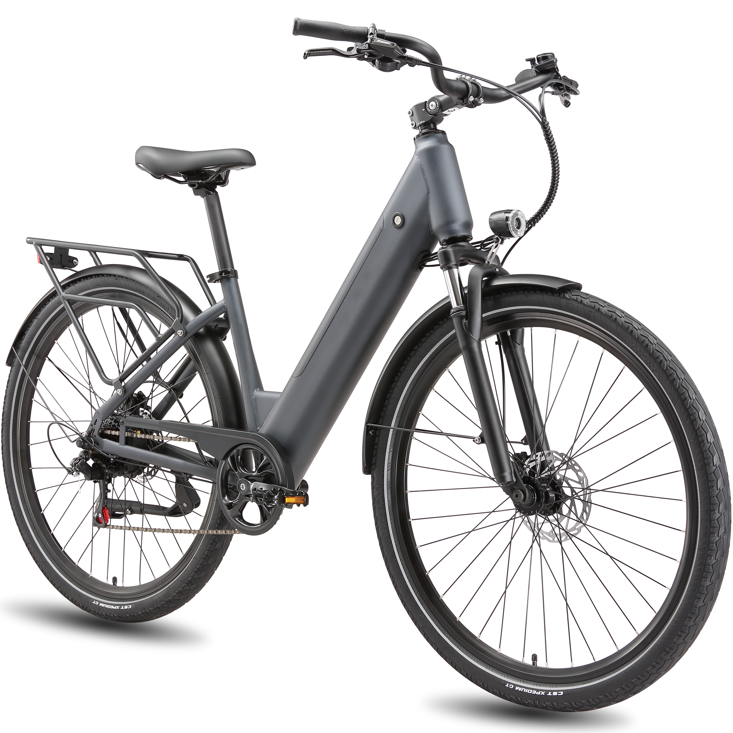 Dunkelgraues Elektrofahrrad mit Gepäckträger, Schutzblechen und Vorderradbeleuchtung.